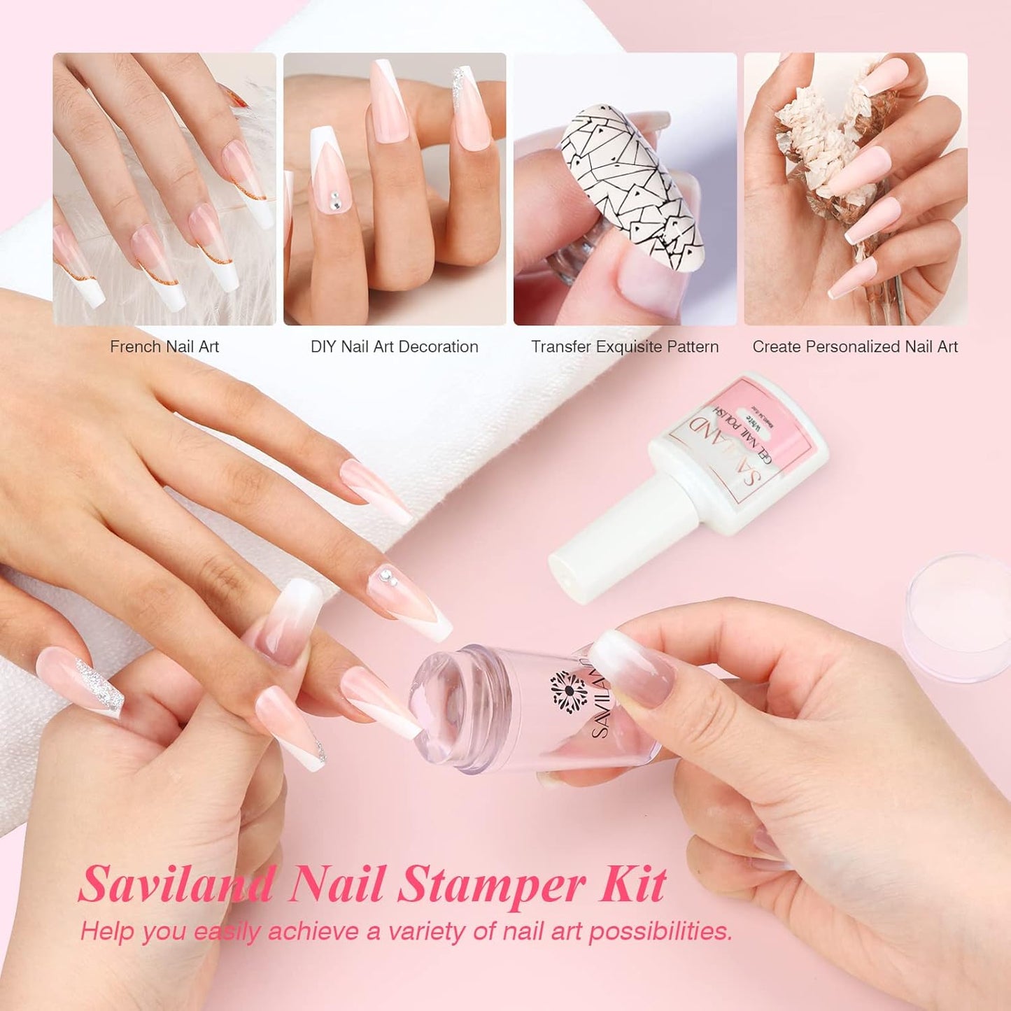 Saviland French Manicure Kit: French Tip Nail Stamp with White Gel Nail Polish Set, Jelly Silicone Nail Stamper Nail Stamper Kit for French Nails Home DIY Nail Salon