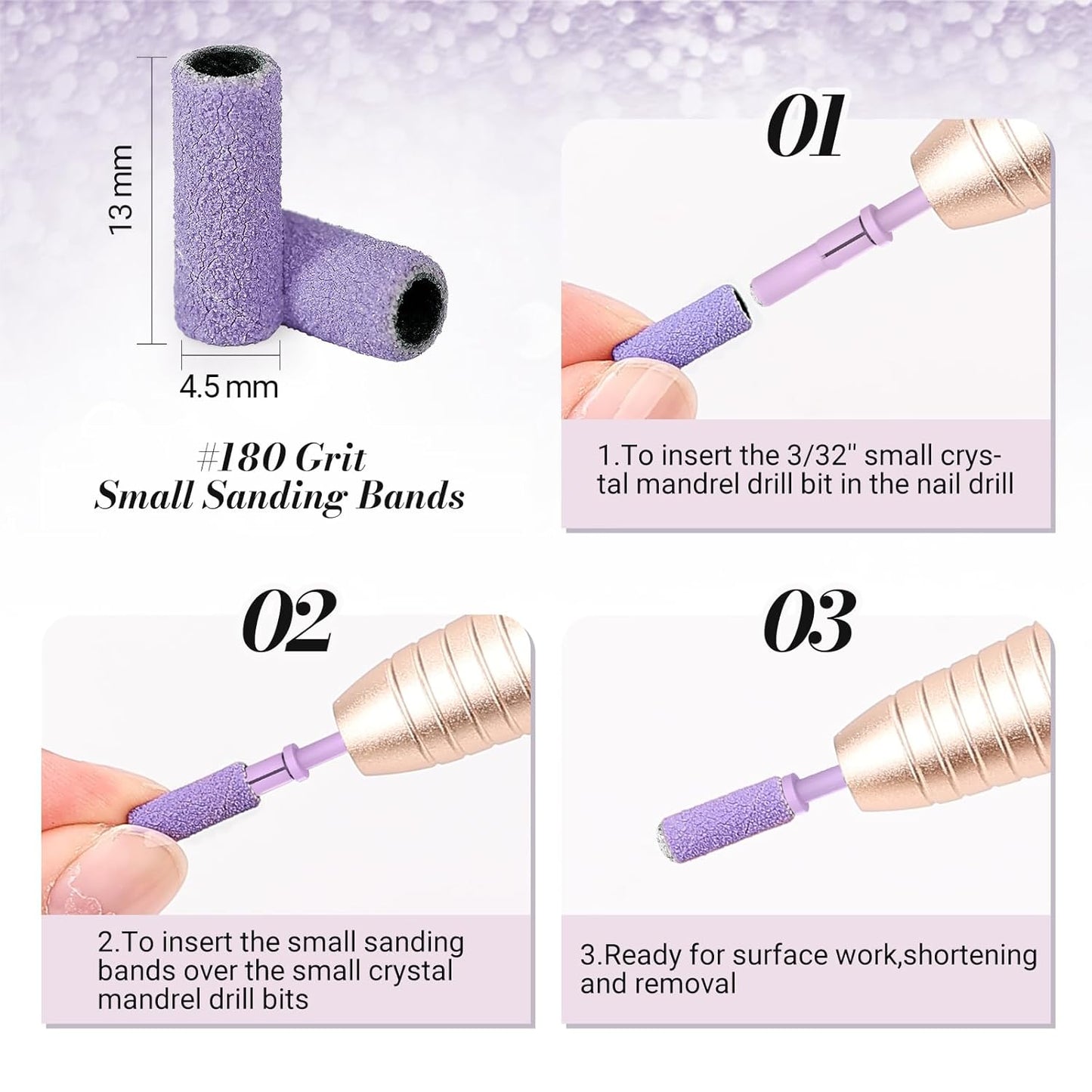 MelodySusie 50 Pcs Nail Drill Bits Small Sanding Bands with 3.1mm Mandrel Bit, 180 Fine Grit Nail File for Acrylic Nails Gel Manicures and Pedicure, Purple