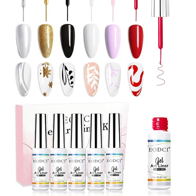 Nail Art Liner Set 6 Pcs Black White Red Gold Silver Glitters Colors Paint Swirl Built Thin Brush in Bottle Soak off Led Lamp Gel Liner Nail Polish Manicure Kits