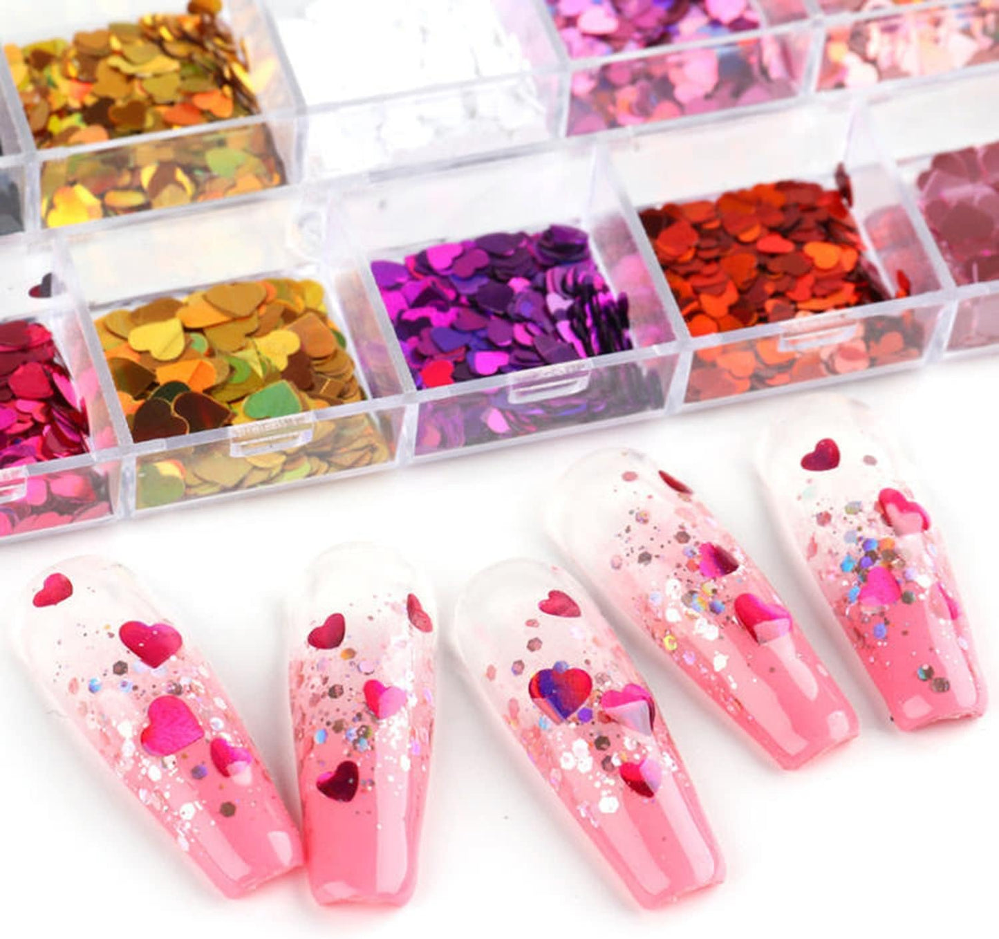 Heart Nail Art Glitter Sequins, 3D Love Heart Nail Flakes Design, Holographic Laser Big Small Hearts Nail Art Supplies for Women Girls Manicure Sparkle Decorations, DIY Body Makeup Kit(2 Boxes)