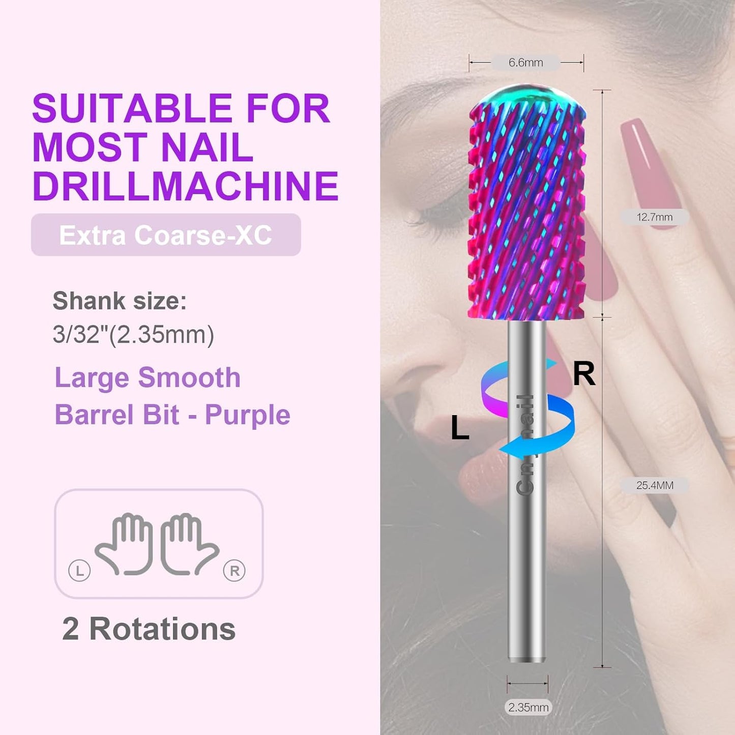 3/32" 2PCS Large Barrel Smooth Round Top Tungsten Carbide Nail Drill Bit Safety Bit for Gel & Acrylic Removal, 2-Way Rotating Efile Tip, Salon Electric File Accessory (XC Grit, Purple)