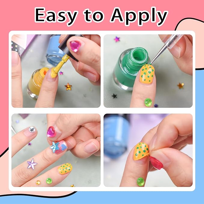 Kids Nail Polish for Girls with Gems Stickers, Non-Toxic Peel-Off Quick Dry Mini Nail Polish 9 Colors Set for Ages 3+