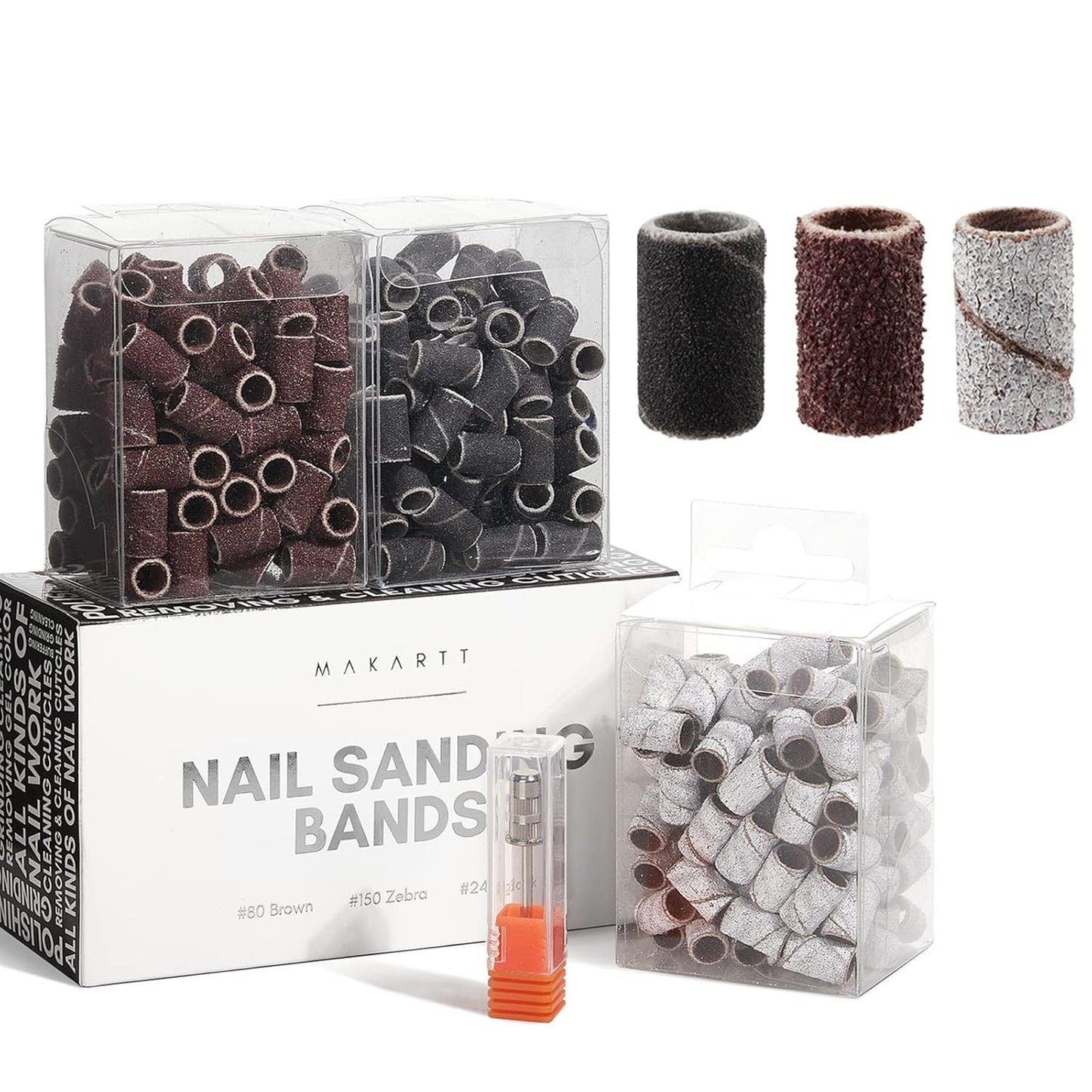 Makartt Nail Drill Bits Sanding Bands - for Nail Drill #80#150#240 Grits 300Pcs File Sanding Bands Zebra Brown Professional Bits Set for Acrylic Nails Gel Manicures Pedicures Tools（Brown,Zebra,Black）