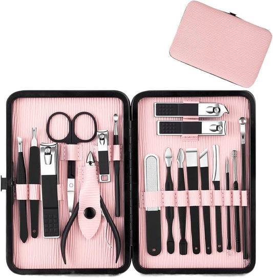 Multifunction Nail Clipper Set Pedicure Cutter Nail File Scissors Kit with Travel Case Stainless Steel Blue Manicure Set Tools (Color : 18pcs-Pink)