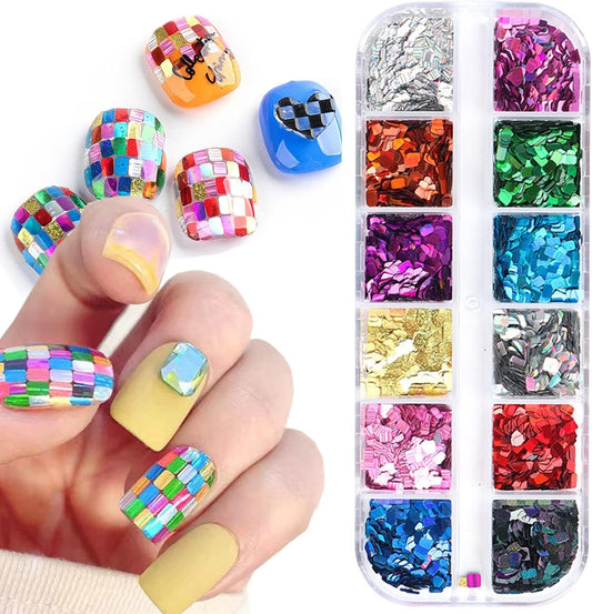 Square Glitter Nail Art Sequins, 12 Colors Rectangle Glitters Flakes Design, Holographic 3D Sparkly Acrylic Nails Supplies for Women Girls Manicure Powder Charms Decorations, DIY Shiny Nail Art Tips