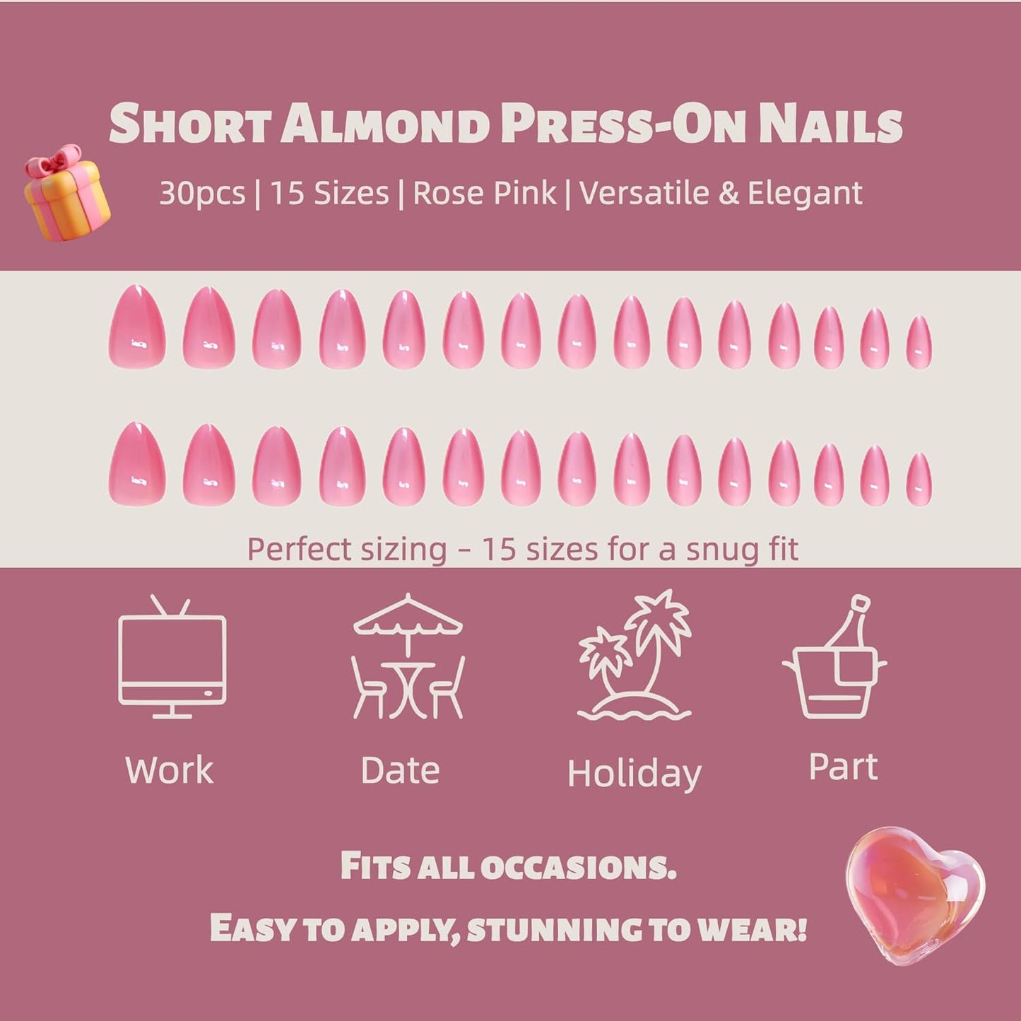 30PCS Short Almond Press-On Nails – Rose Cat Eye Fake Nails in 15 Sizes, Soft Back Edge & Strong Tips, No Measuring Needed, Reusable Stick-On Nail Tips for All Occasions