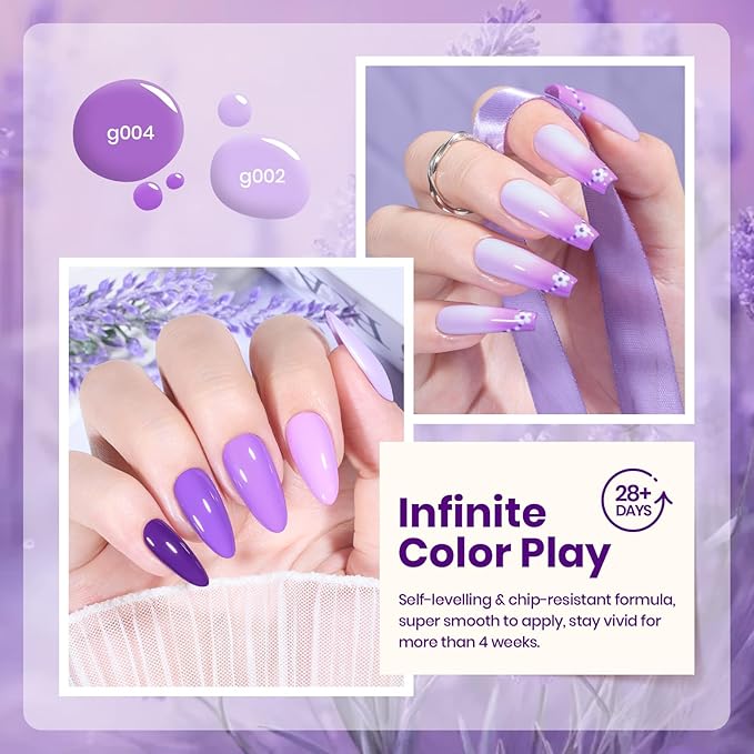 beetles Purple Gel Polish - Violet Letter 6 Colors Polish Set, Light and Dark Purple Colors, Soak Off LED Nail Gel Manicure Kit for DIY at Home Salon