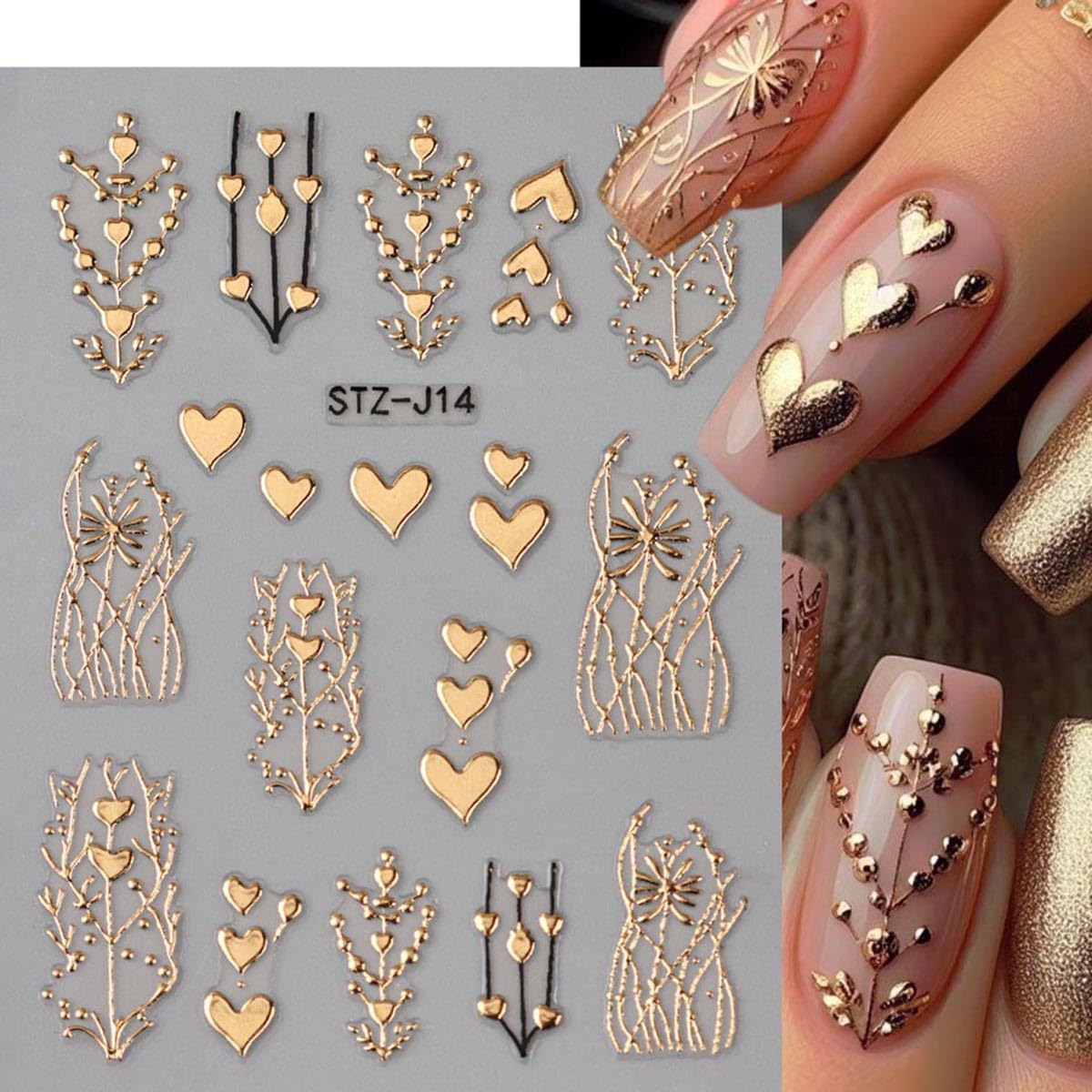 Golden Heart Nail Stickers for Nail Art 3D Bronzing Heart Nail Art Stickers 3PCS Metallic Golden Love Hearts Tree Stripe Design Self-Adhesive Nails Decals Supply for Women DIY Manicure Decorations