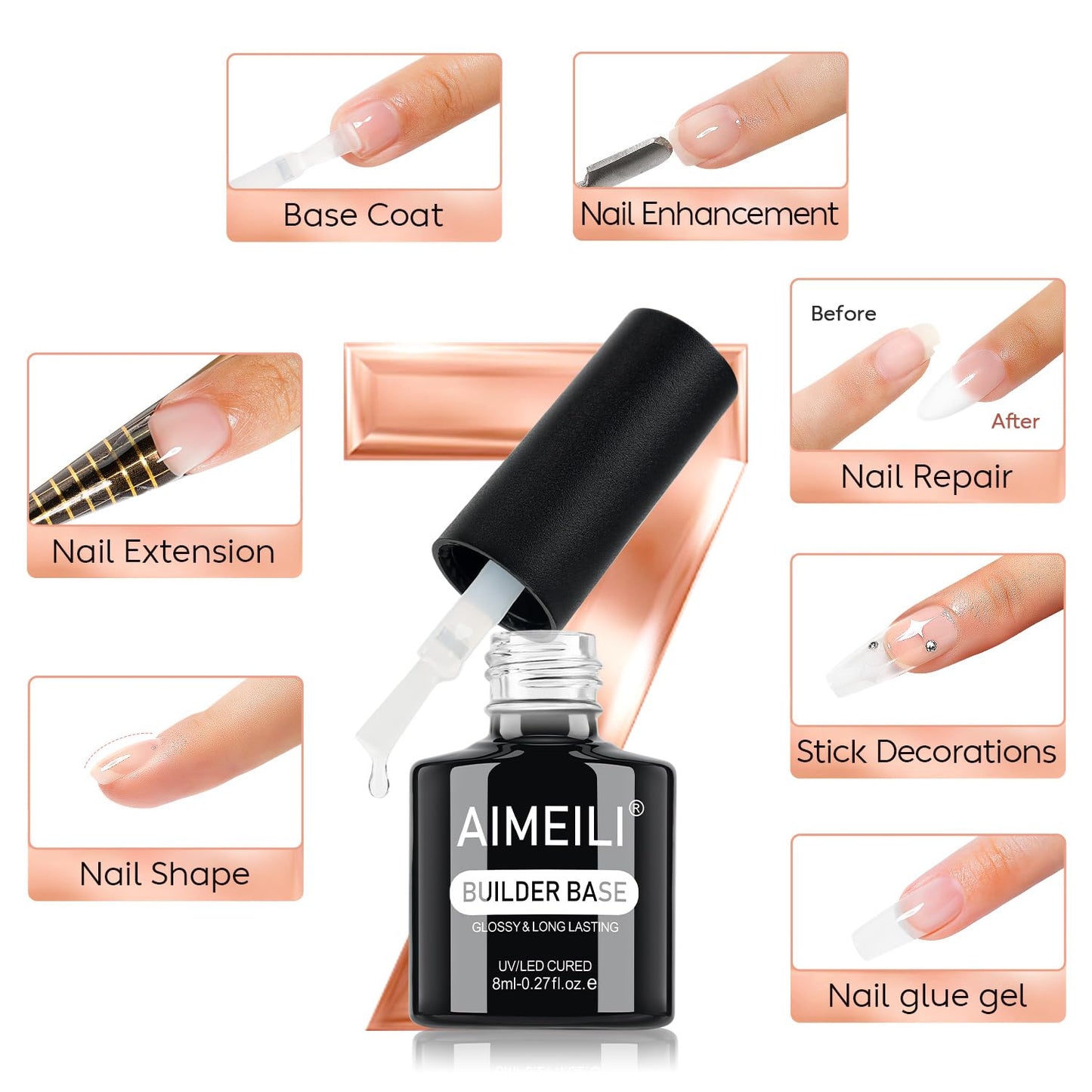 AIMEILI Builder Nail Gel, Hema Free, Cruelty Free, Vegan, Clear Nail Strengthener Enhancement Building Rubber Base Coat for Manicure 8ml