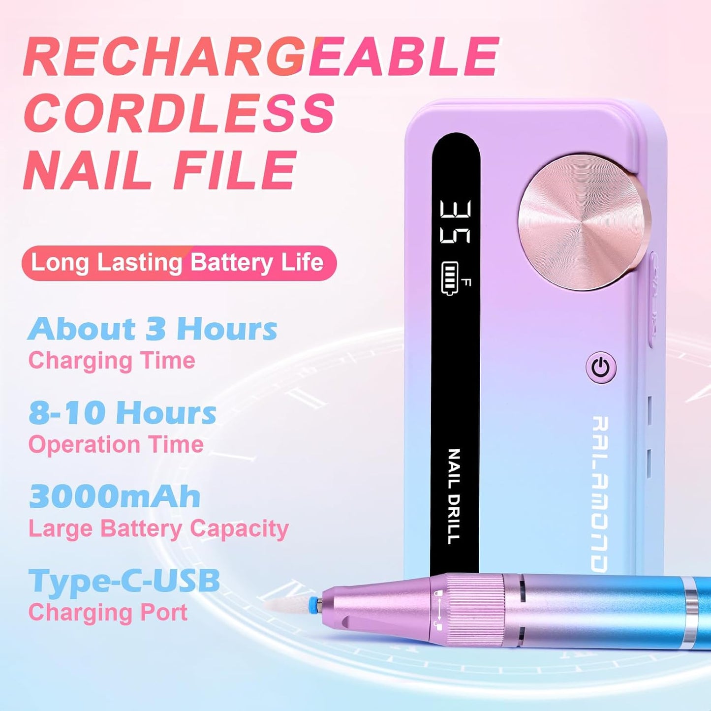 Cordless Nail Drill Professional, 35000RPM Electric Nail File, Portable Nail Drill with Bits, Nail Filer Electric with Adjustable Speed & Direction, Acrylic Nail Tool for Salon & Home Use(Blue Purple)