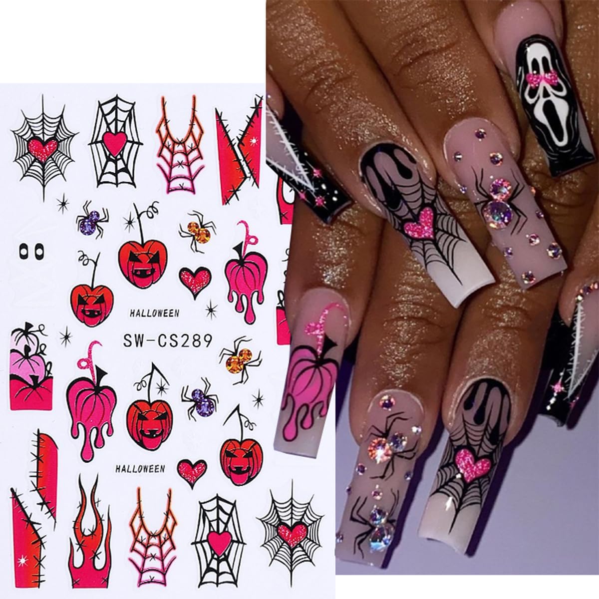 Halloween Nail Art Stickers 3D Self-Adhesive Nail Decals Nail Art Supplies 8PCS Pink French Flame Pumpkin Spider Web Ghost Eyeball Halloween Nails Adhesive Sliders for Women DIY Manicure Decorations