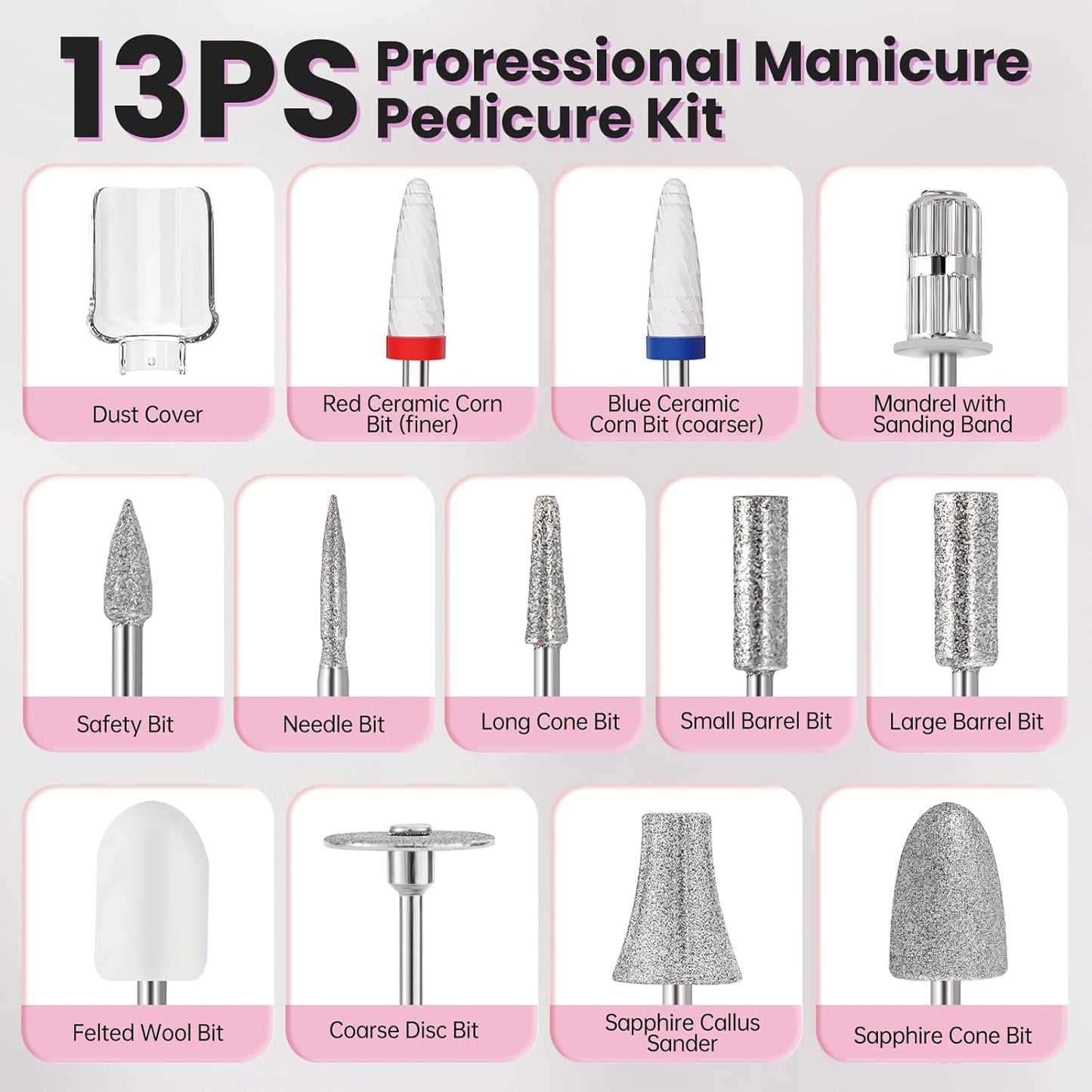 Electric Nail Drill, Cordless 2000 mAh Rechargeable Portable Nail File 12 in 1 Kit for Thick Toenails, 10 Speeds Nail Dril Machine Professional Manicure Pedicure for Hand Natural Nails Care (White)