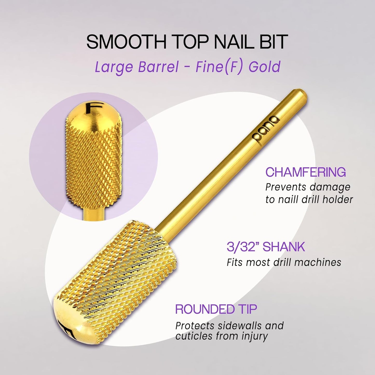 USA Pana 3/32" Safety Nail Carbide - Smooth Round Top Large Barrel Head for Electric Dremel Drill Machine - Grit Size: (4XC, 3XC, 2XC, XC, C, M, F, XF) (Fine (F) GOLD)