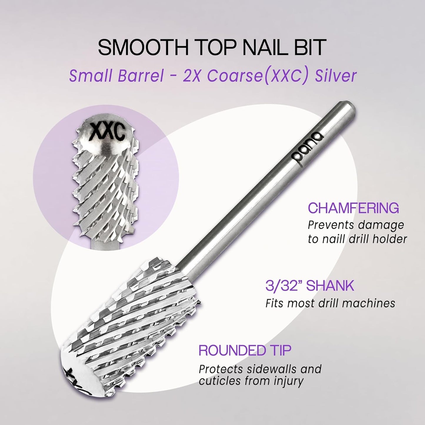 PANA 3/32" Small Smooth Round Top Safety Carbide Nail Drill Bit for Gel Polish & Acrylic Removal Nail Salon Manicure Pedicure Electric File Tools (Small Barrel - Silver, 2X Coarse)