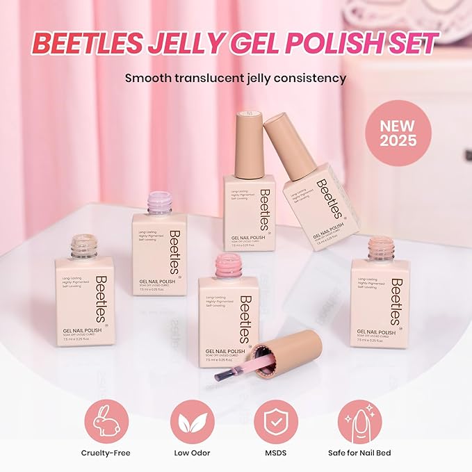 Beetles Jelly Gel Nail Polish Set - 6 Colors Neutral Sheer Milky White Nude Pink Gel Polish Kit Translucent Soak off UV French Nail Art Manicure Gift for Women Girls