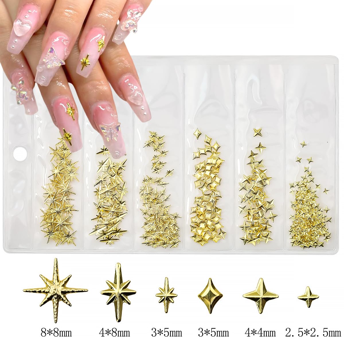 400Pcs 3D Gold Silver Star Nail Art Charms Metallic Studs Rhinestones Bling Gems Decorations Manicure Kit Art Supplies Accessories for Women Girls Acrylic Nails