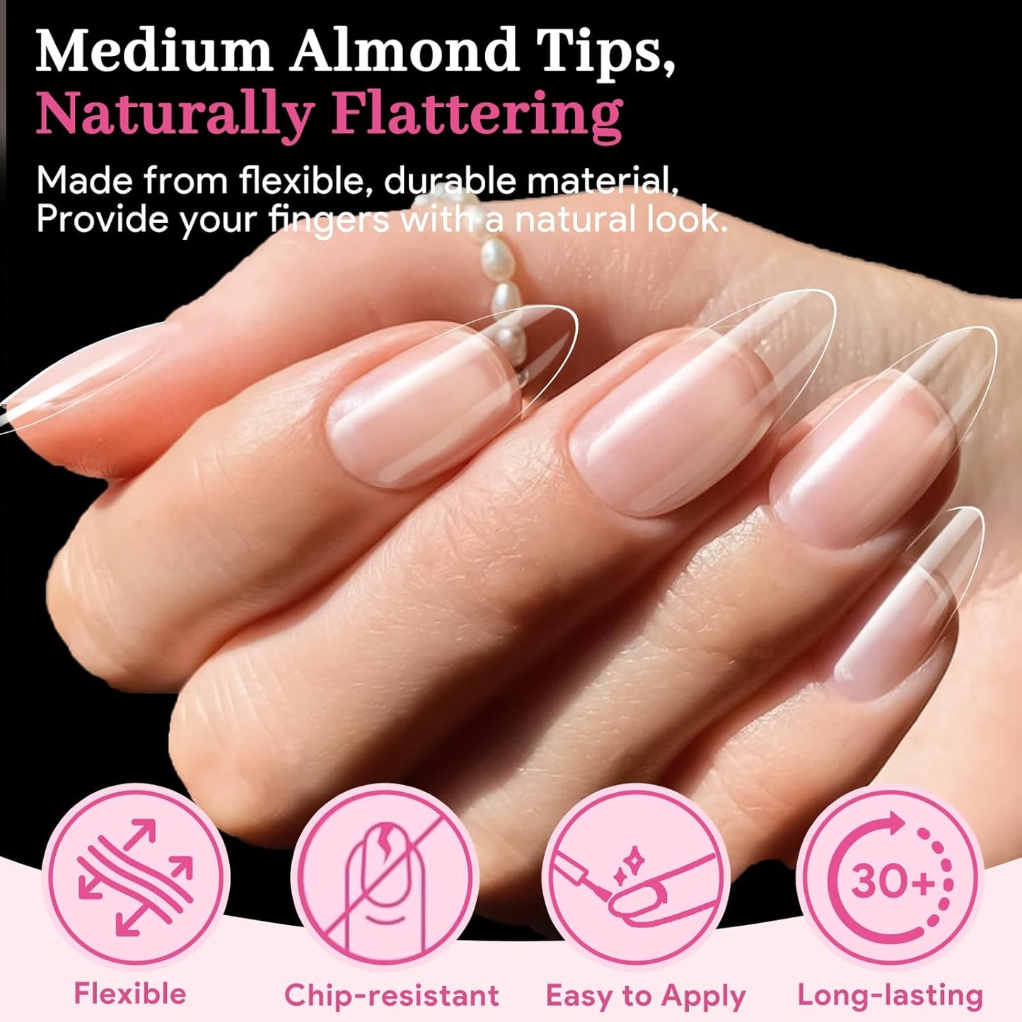 Medium Almond Fake Nail Tips, 15 Sizes 240 PCS Clear Half Matte Press On False Nail Tips Pre-shaped Full Cover Gel Nail Acrylic Soft Tips Extensions Thick Long Lasting for Home DIY Nail Salon