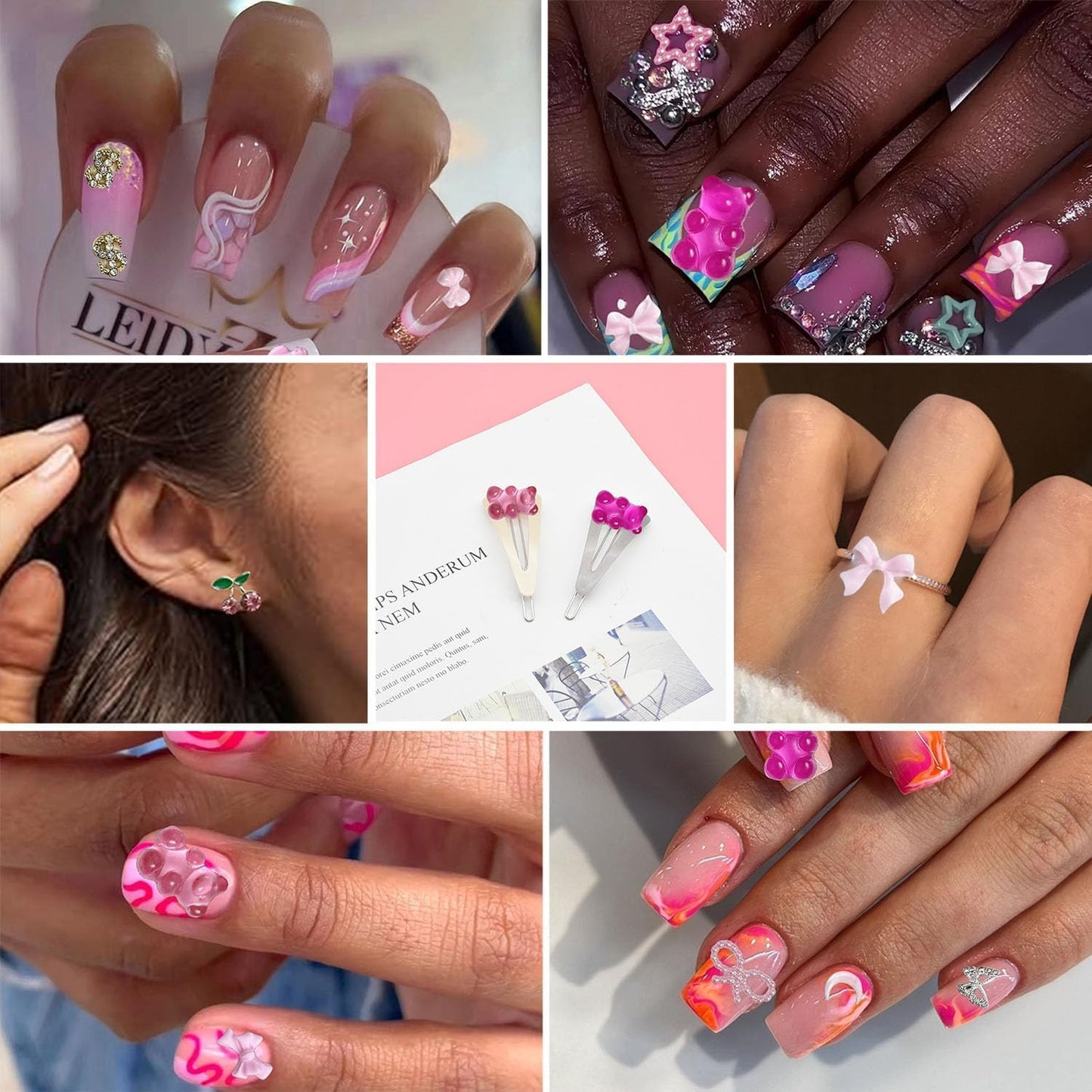 Gummy Candy Bear Nail Charms, Cute Pink Flower Bow 3D Nail Charms for Nails Design, Alloy Cherry Butterfly Dollar Nail Art for Women Manicure DIY Crafts