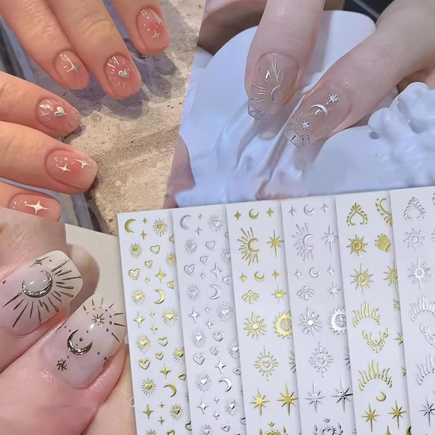 Star Nail Stickers 6 Sheets Gold Silver Nail Decals Sun Star Moon Nails Design Supplies Self-Adhesive 3D Nail Art Stickers for Women DIY Manicure Tips Decorations