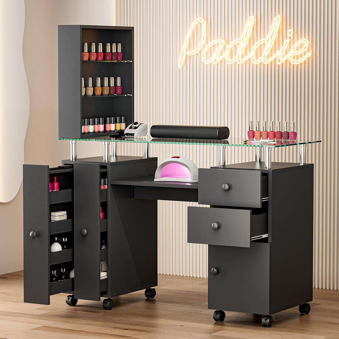 Paddie Manicure Table Nail Tech Table, Glass Top Nail Desk Station for Nail Tech w/Shelves & Wrist Cushion, Acetone Resistant Beauty Salon Workstation w/Lockable Wheels(Black)