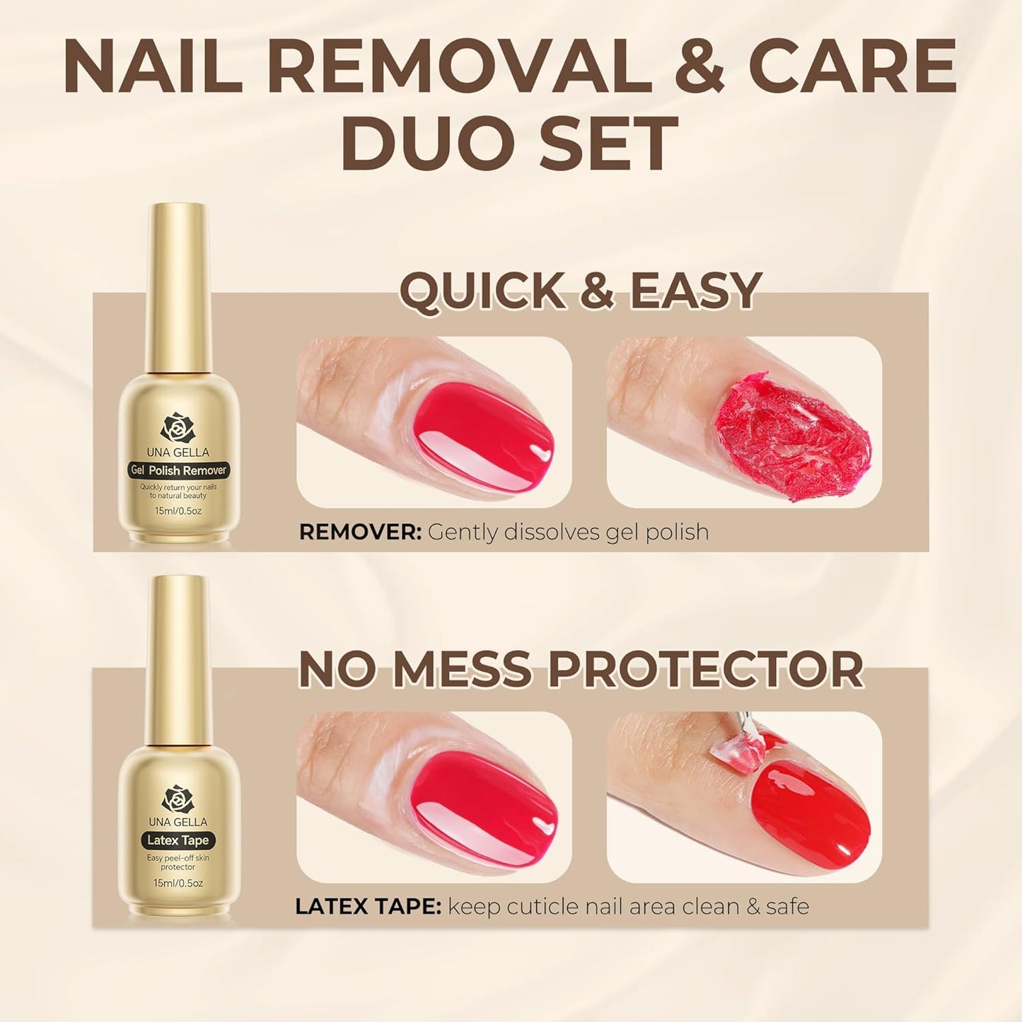 UNA GELLA Gel Polish Remover, Acetone-Free Gel Remover For Nails With Air Dry Liquid Latex Tape For Nail Care - Quick & Easy Low Odor Nail Removal Kit No Need Wrapping