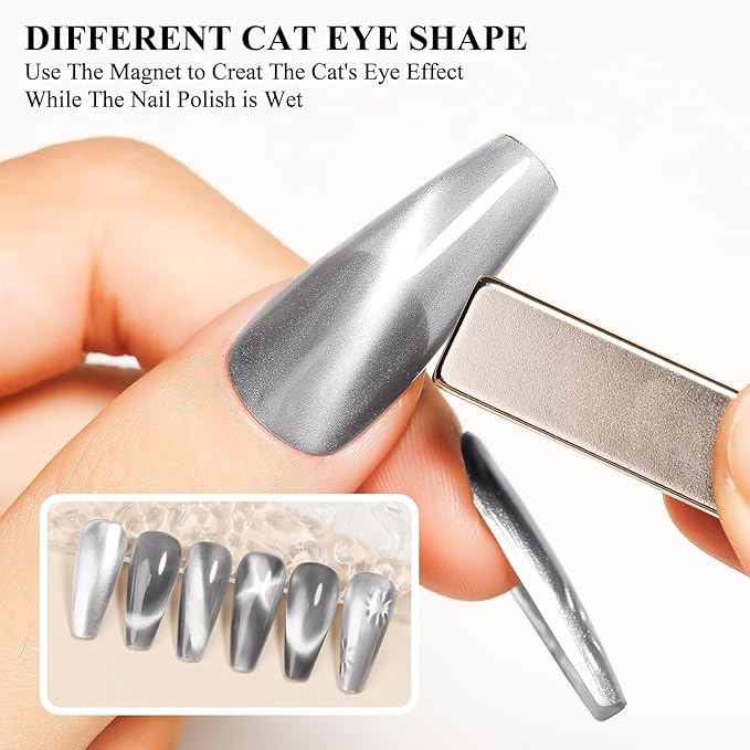 Cat Eye Nail Polish Non Gel, Air Quick Dry, Magnetic Fingernail Polish Silver Metallic Nail Lacquer Holographic Mooncat Nail Concealer Polish For Nail Art Long Lasting 1PC