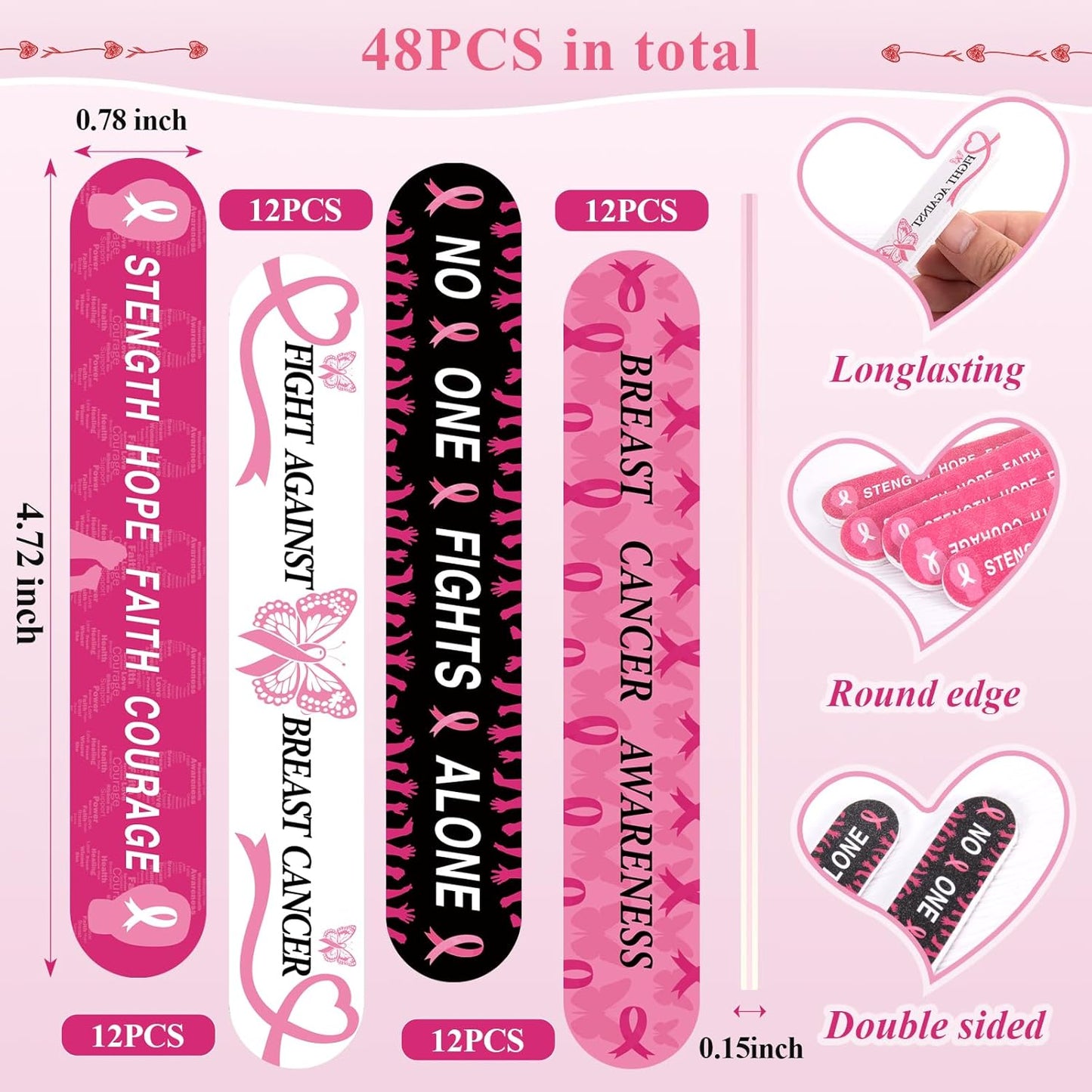 50 Sets 4.72" Breast Cancer Awareness Gift Nail File with Pink Ribbon Design Breast Cancer Awareness Nail Files Bulk Manicure Tools for Women Party Gift Accessories(48PC)