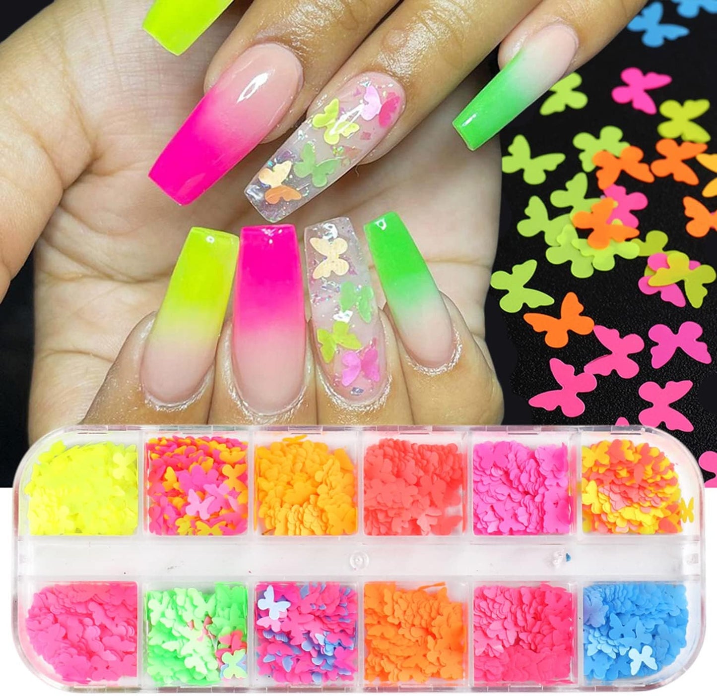 Butterfly Glitter Nail Art Sequins, 3D Fluorescent Glitters Butterflies Flakes, Holographic Neon Laser Shiny Butterfly Nail Supplies for Women Girls Manicure Charms Decorations DIY Resin Nail Art Tips