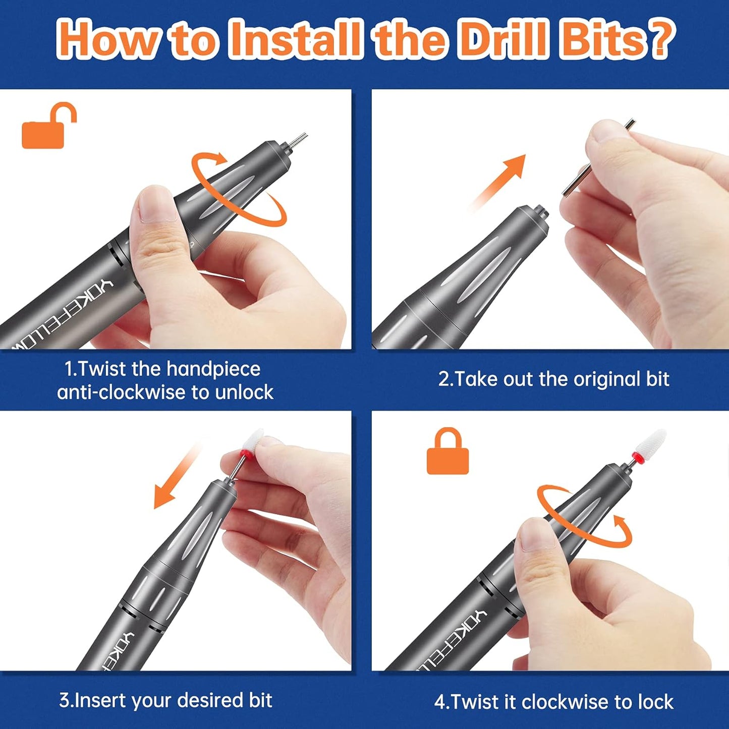 YOKE FELLOW Nail Drill Machine - 35000RPM Electric Nail File Nail Drills for Acrylic Nails Professional with 6 Drill Bits for Manicure Pedicure Home DIY Salon Use