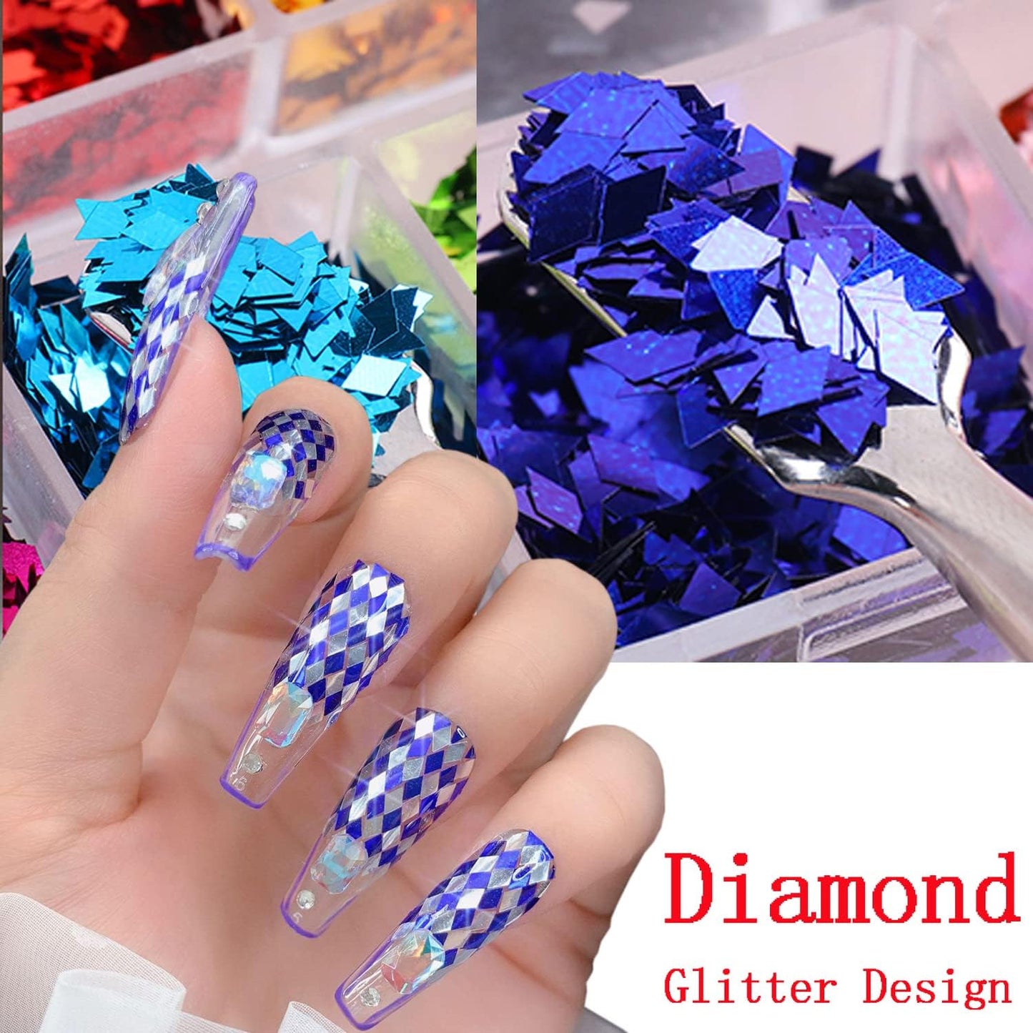Rhombus Glitter Nail Art Sequins, Holographic 3D Shiny Nail Art Flakes Acrylic Supplies, 12 Colors Rhombus Nail Art Design for Women Girls Manicure Powder Charms Decorations DIY Sparkly Nail Art Tips