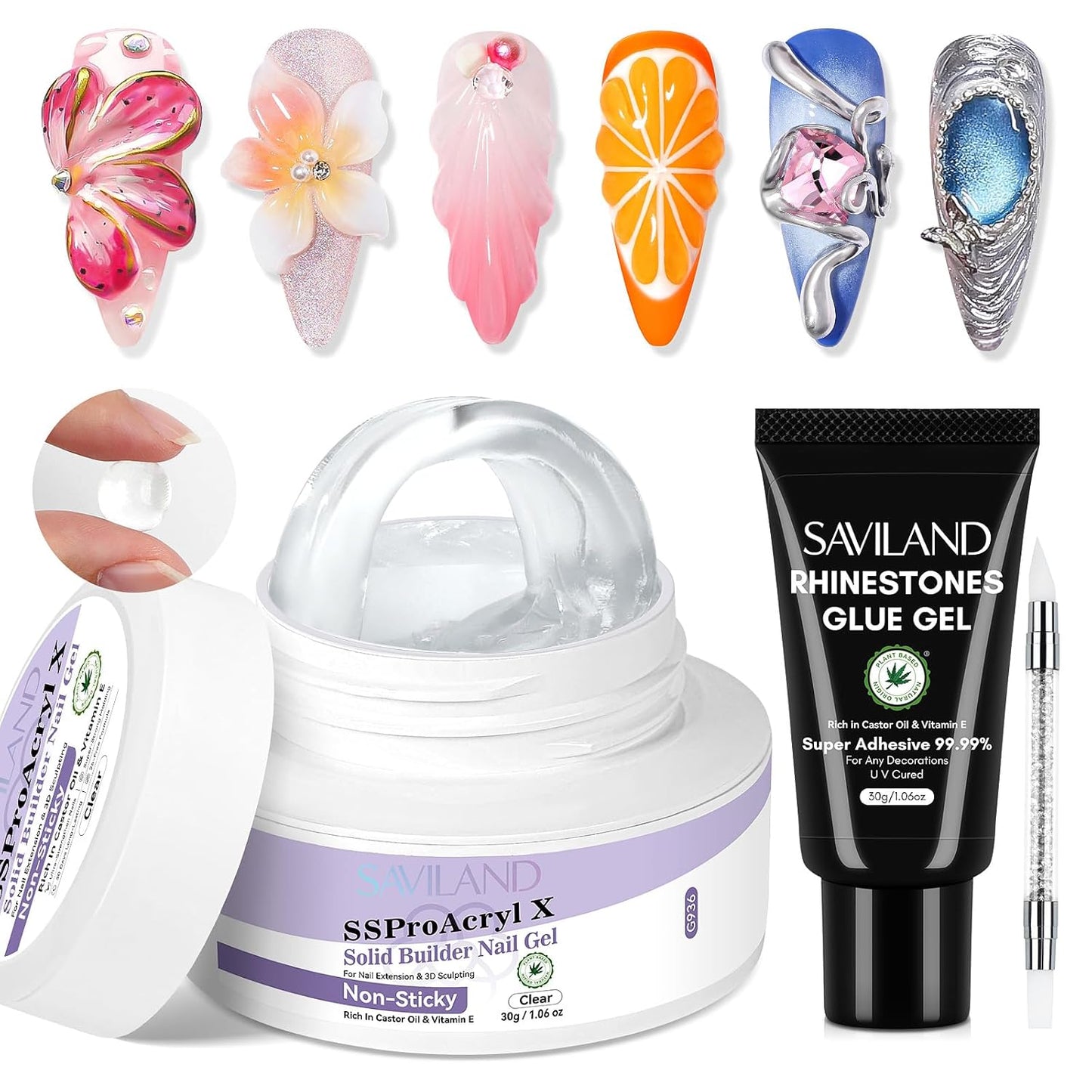 SAVILAND Pro Solid Builder Nail Gel for Nails with 30 g Rhinestone Glue Gel: 30 Days Long Lasting Clear 3D Nail Gel for Nail Extension Nail Art Salon