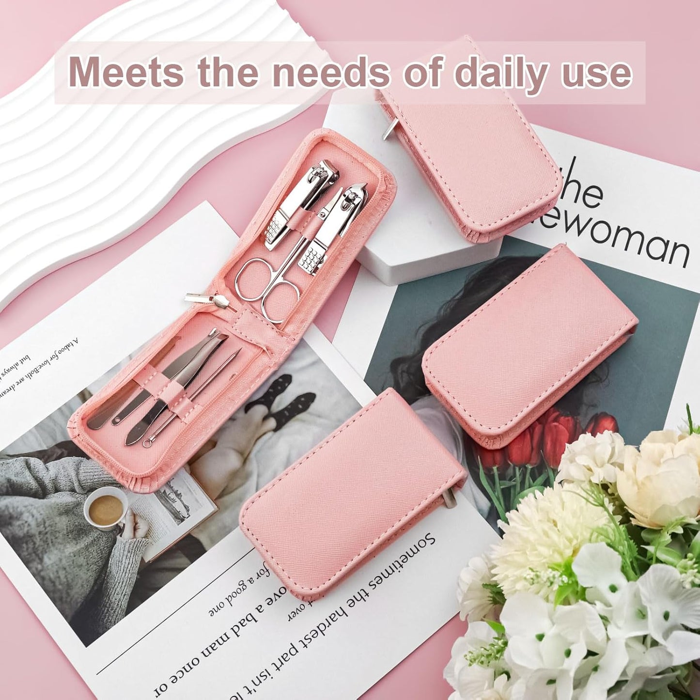 Manicure Set Bulk, Nail Clippers Kit Stainless Steel Fingernail Clippers Set, Sturdy Nail Tip Cutter Trimmers Professional Grooming Toenail Clippers Personal Pedicure Kits 8 in 1 (Pink 24 Pack)