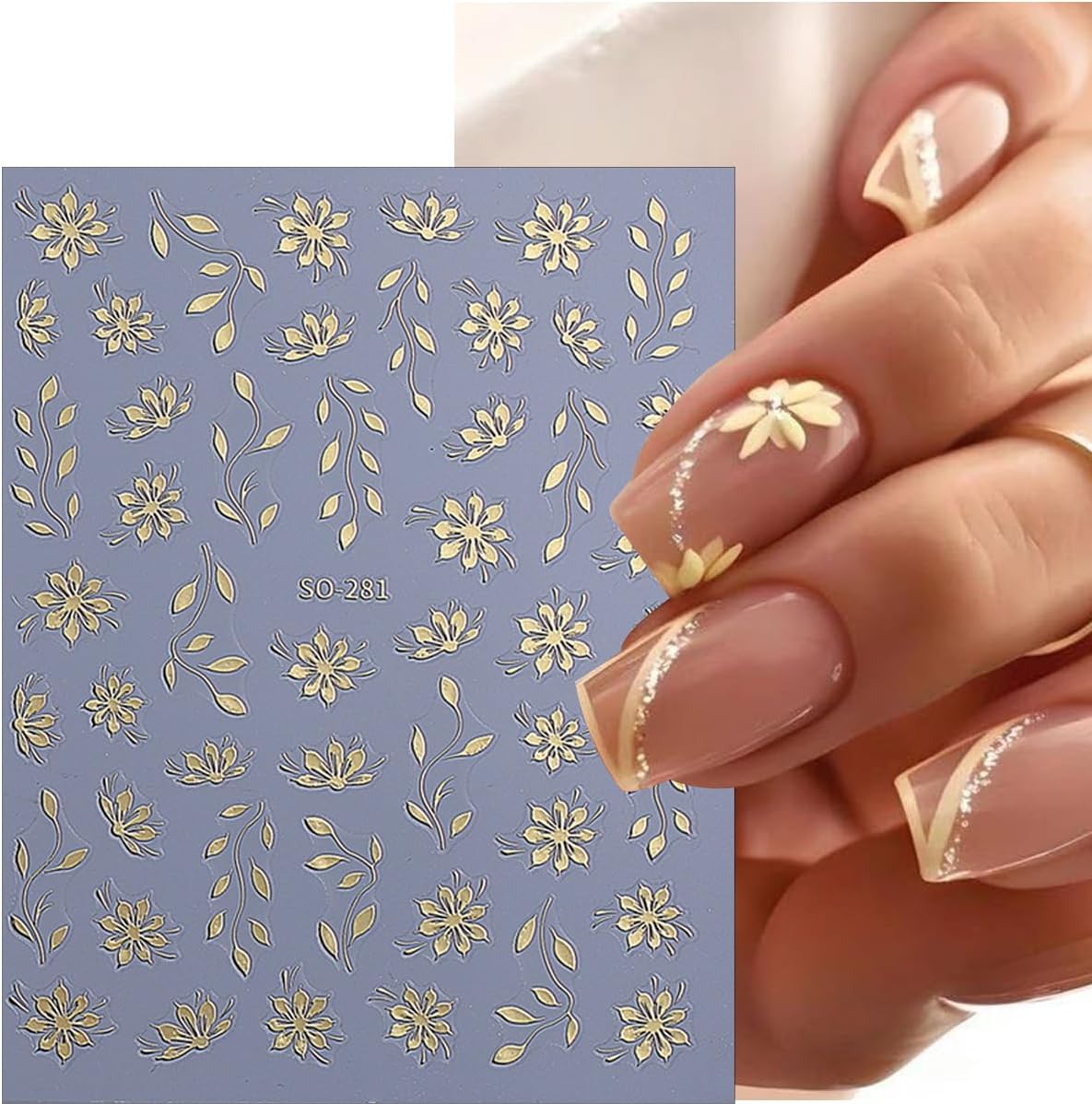 6 Sheets Floral Nail Art Stickers, Spring Leaf Nail Decals, 3D Self-Adhesive Nail Decoration Supplies for Daily Festival DIY Pink White Silver Black Gold Manicure Stickers