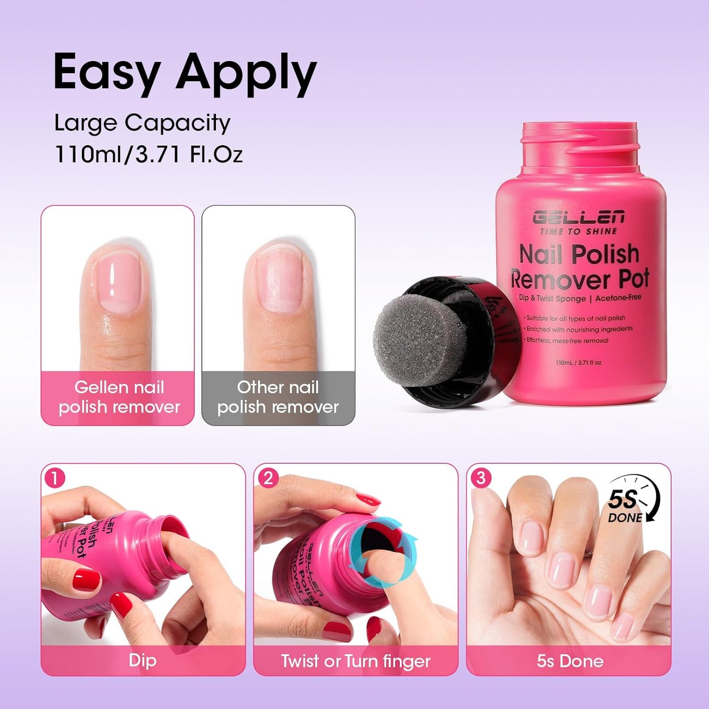 Gellen Nail Polish Remover, Dip Twist Sponge Nail Polish Remover Pot For Fingernail Toenail, Non-Acetone Fragrance Free, 5-9s Quick Removal, Lavender Scent No drying Formula Shea Butter & Vitamin E