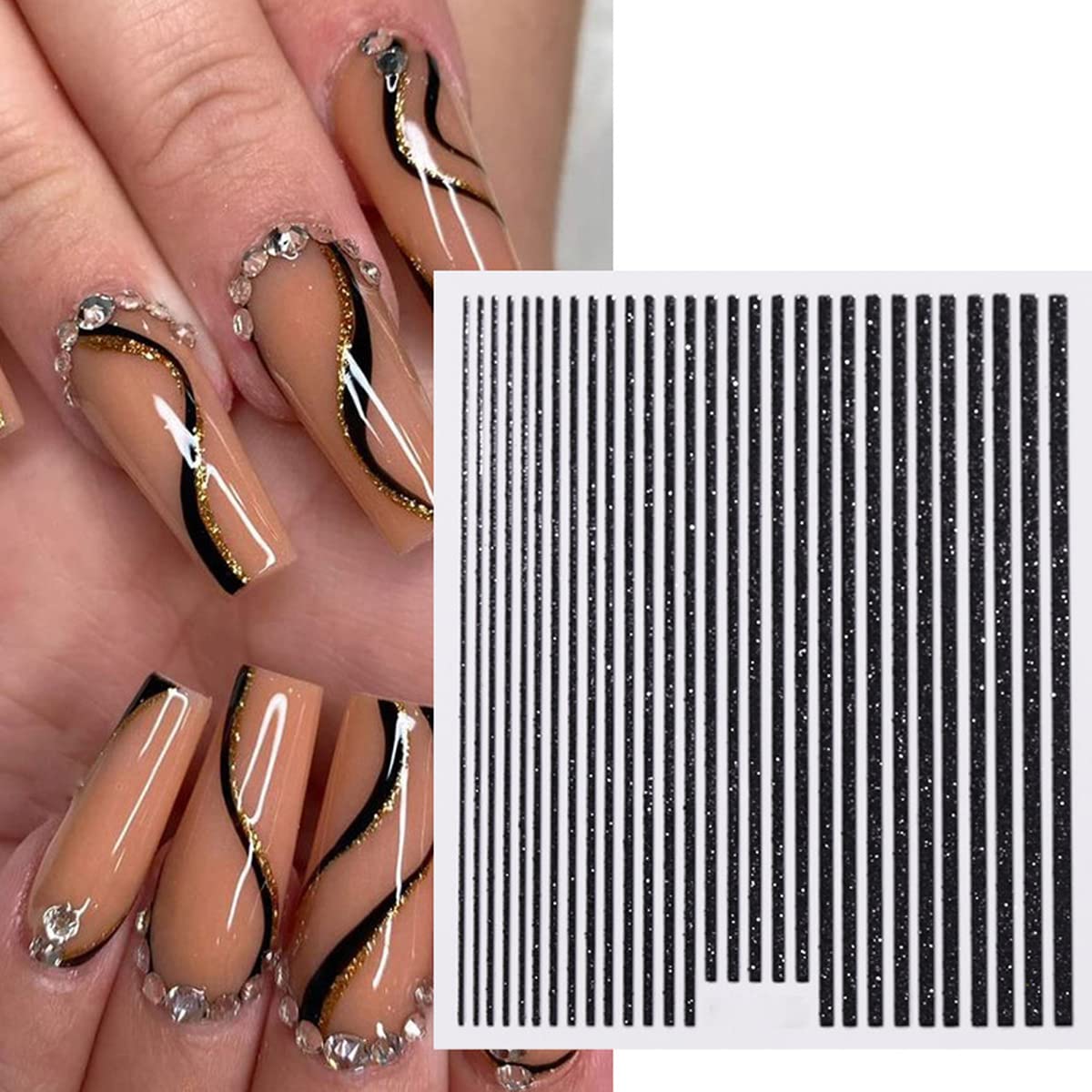 6 Sheets 3D Glitter Lines Nail Art Stickers - Gold Metallic Supplies, Metal Decals, French Effect Silver Design, Simple Line Glitter Sticker for Women DIY Decoration