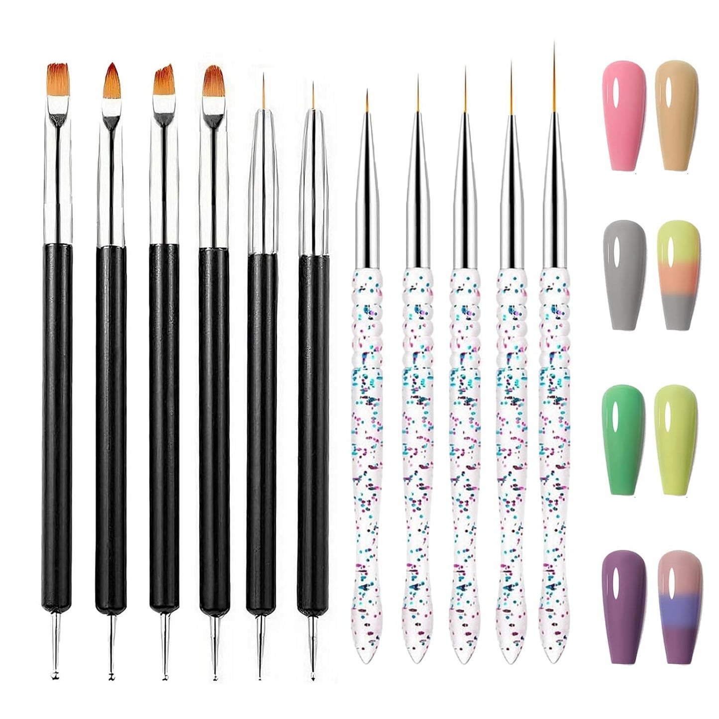 11Pcs Nail Art Painting Tools Set - 6 Pcs Double Ended Nail Art Painting Brsuh Dotting Pen and 5 Pcs Nail Art Liner Brushes
