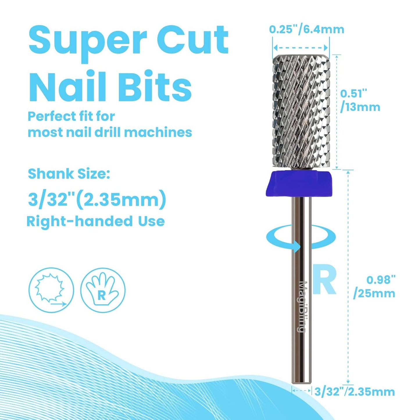 Super Cut Large Barrel Nail Drill Bits for Professional Users, 3/32'' Tungsten Carbide Bits, Upward Deep Cut for Removing Hard Gel Fast, Right Hand Use, Manicure Cuticle Gel Polishing, Medium.