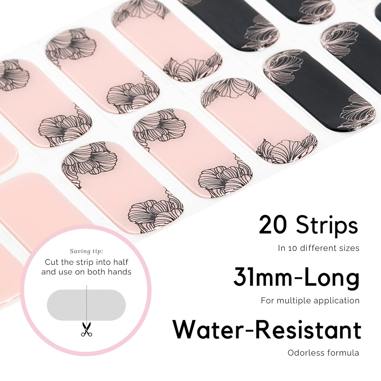 NAILOG Semi Cured Gel Nail Strips (20 Extra Long Stickers/Wraps) | Buy 2 Get 1 UV Lamp| Glossy & Long Lasting Soft Gel Finishing, Blossom