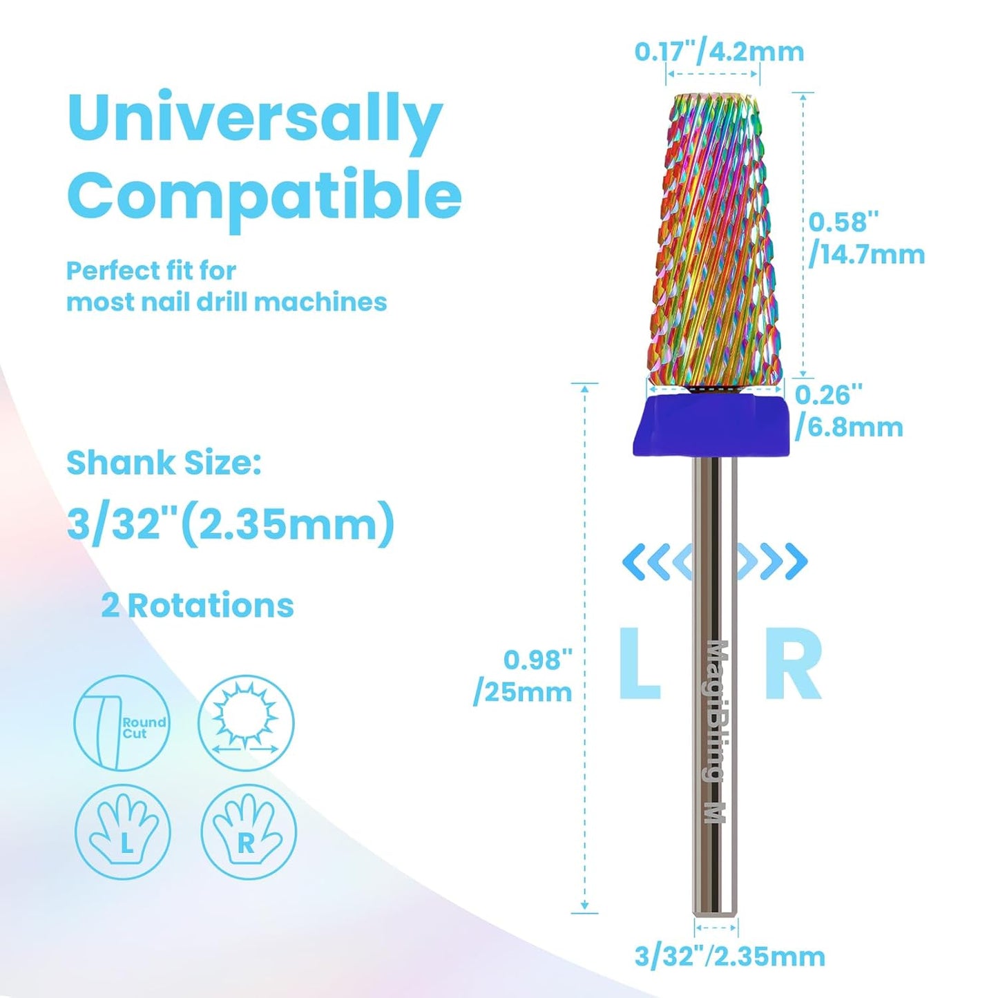 Professional 5 in 1 Tapered Nail Drill Bits, 3/32'' Safety Tungsten Carbide Bits, Remove Hard Gel Fast, Left & Right Hand Use, Easy for Beginner, Technicians Bits, Medium.