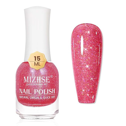 MIZHSE Quick Dry Nail Polish, Shimmery Hot Pink Nail Polish Air Dry Fast, Sparkle Shiny Water-based Glitter Non Gel Full Coverage Nail Art Manicure Home 15ml