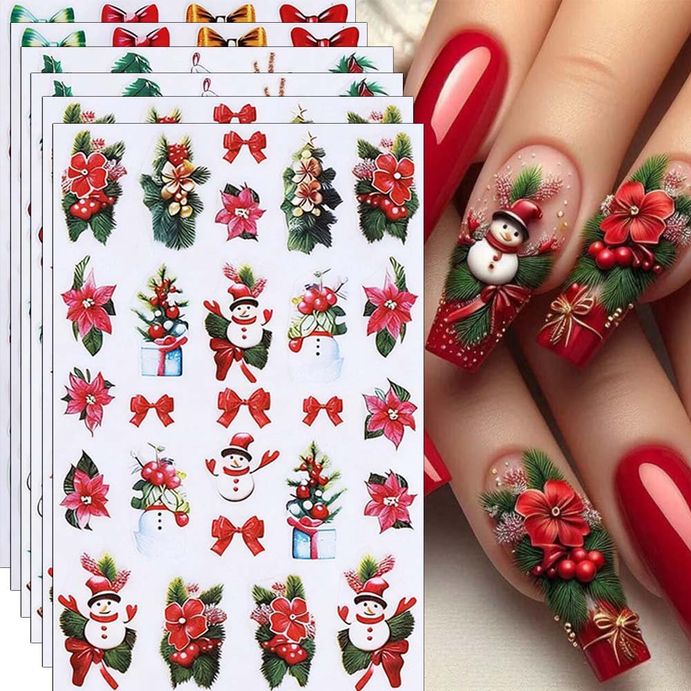 Christmas Nail Stickers Bow Stocking Snowman Nail Art Stickers Holiday Flower Candy Nail Decals 6Pcs Self-Adhesive Christmas Tree Design Sticker Holiday Nail Art Decoration for Women Manicure