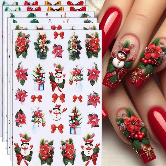 Christmas Nail Stickers Bow Stocking Snowman Nail Art Stickers Holiday Flower Candy Nail Decals 6Pcs Self-Adhesive Christmas Tree Design Sticker Holiday Nail Art Decoration for Women Manicure
