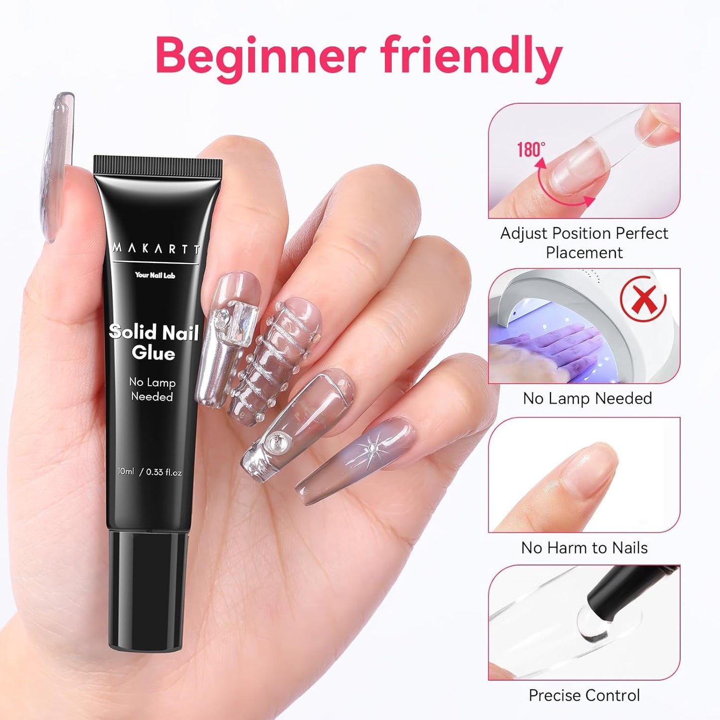 Makartt Nail Glue with Remover - No Lamp Needed 10ml Semi Solid Nails Glue for Press-Ons, Acrylic False Tips, Soft Gel, and Toenails, Easy Removal