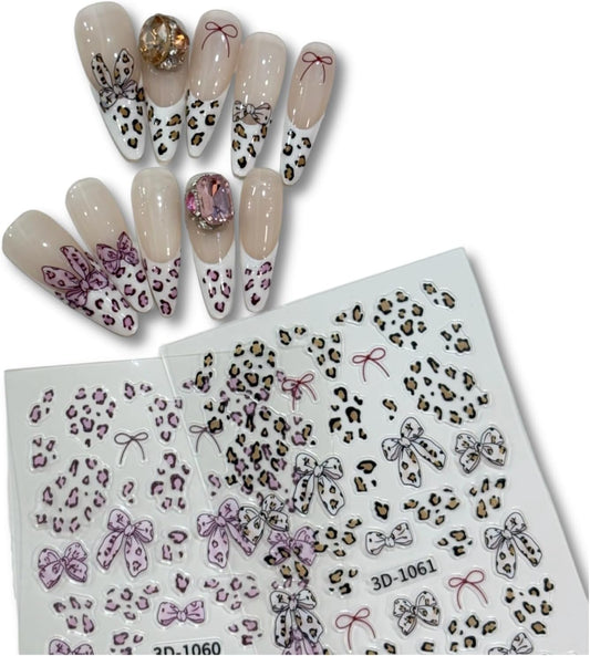 Leopard Print Bow Nail Stickers Self-Adhesive, 2 Sheets Mini Nail Art Decorations Kit - DIY Easy Apply for Everyday, Party, Gifts