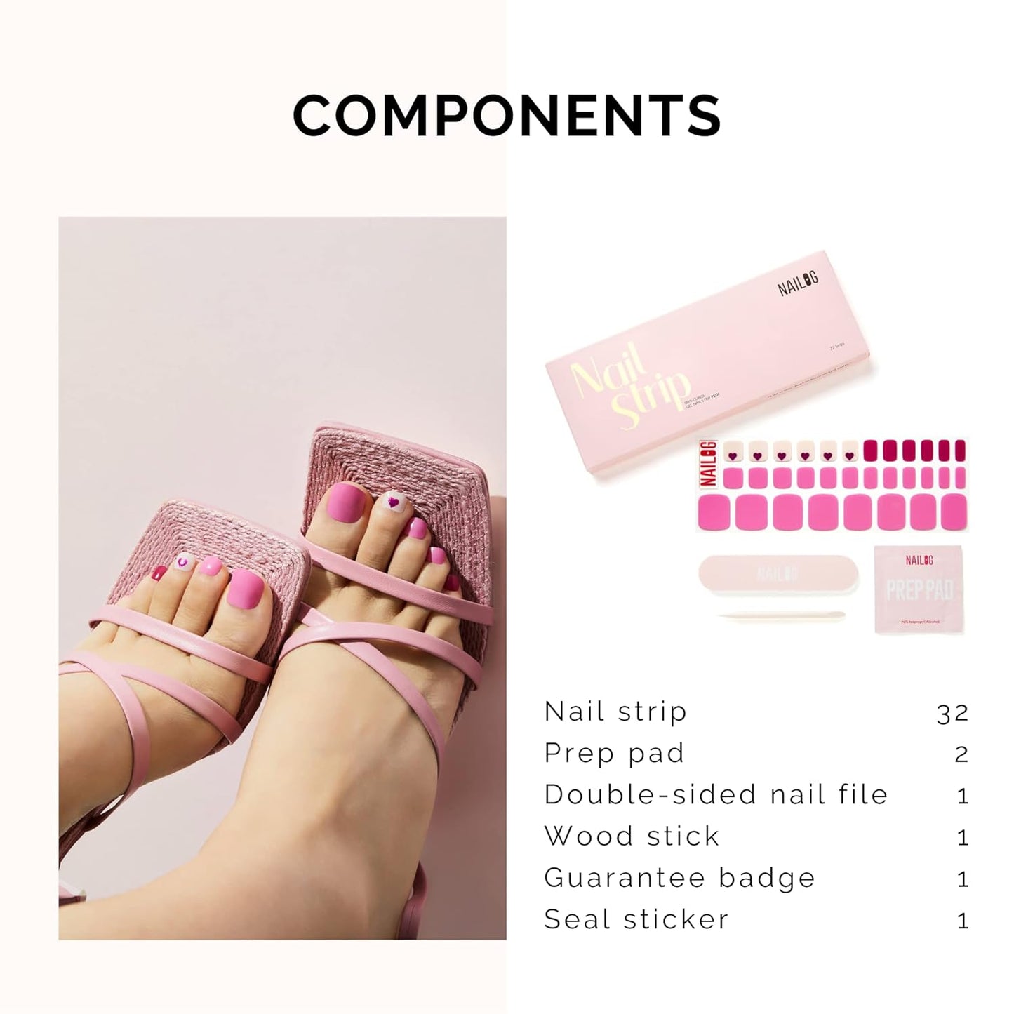 NAILOG Semi Cured Gel Nail Strips, Toe Nail Polish Strips with Glossy Gel Finishing | Buy 3 Get 1 UV Lamp| 32 Pieces Long Lasting Pedi Stickers | Red