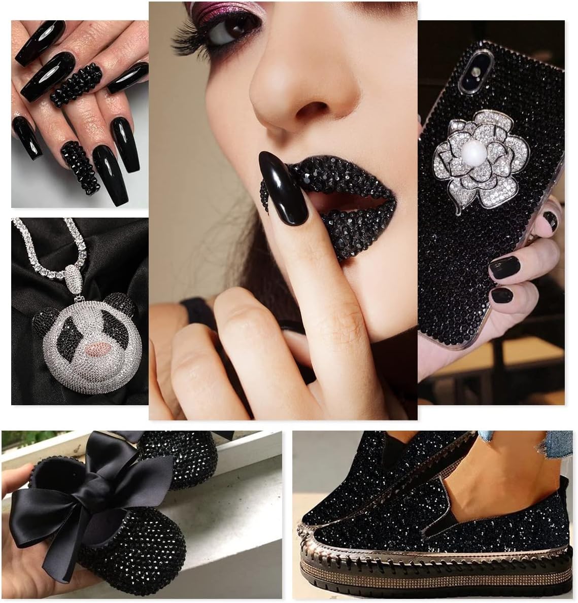 4010pcs Nail Art Rhinestones Black Flatback Rhinestones Nail Charms 6 Sizes (1.6-6.1 mm) Up to SS30 Glass Nail Stones Gems Jewels w Picking Pen, Tweezer for Manicure DIY Craft Eyes Face Makeup