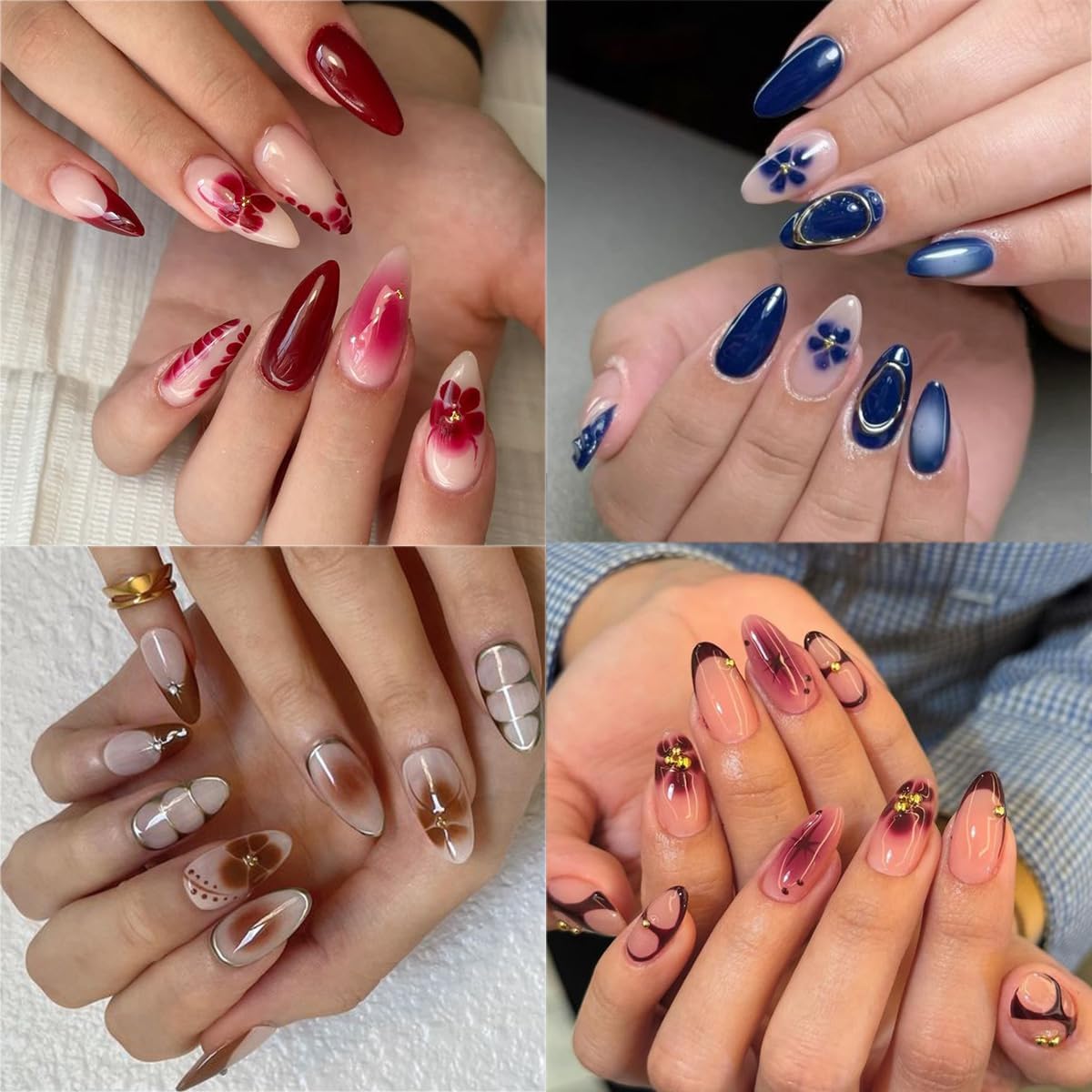 4 Sheet Fall Flower Nail Art Stickers 3D Self-Adhesive French Tip Nail Stickers with Golden Gilding Lines Leopard Print Design Autumn Floral Nail Decals Nail Art Supplies for Women Acrylic Manicure