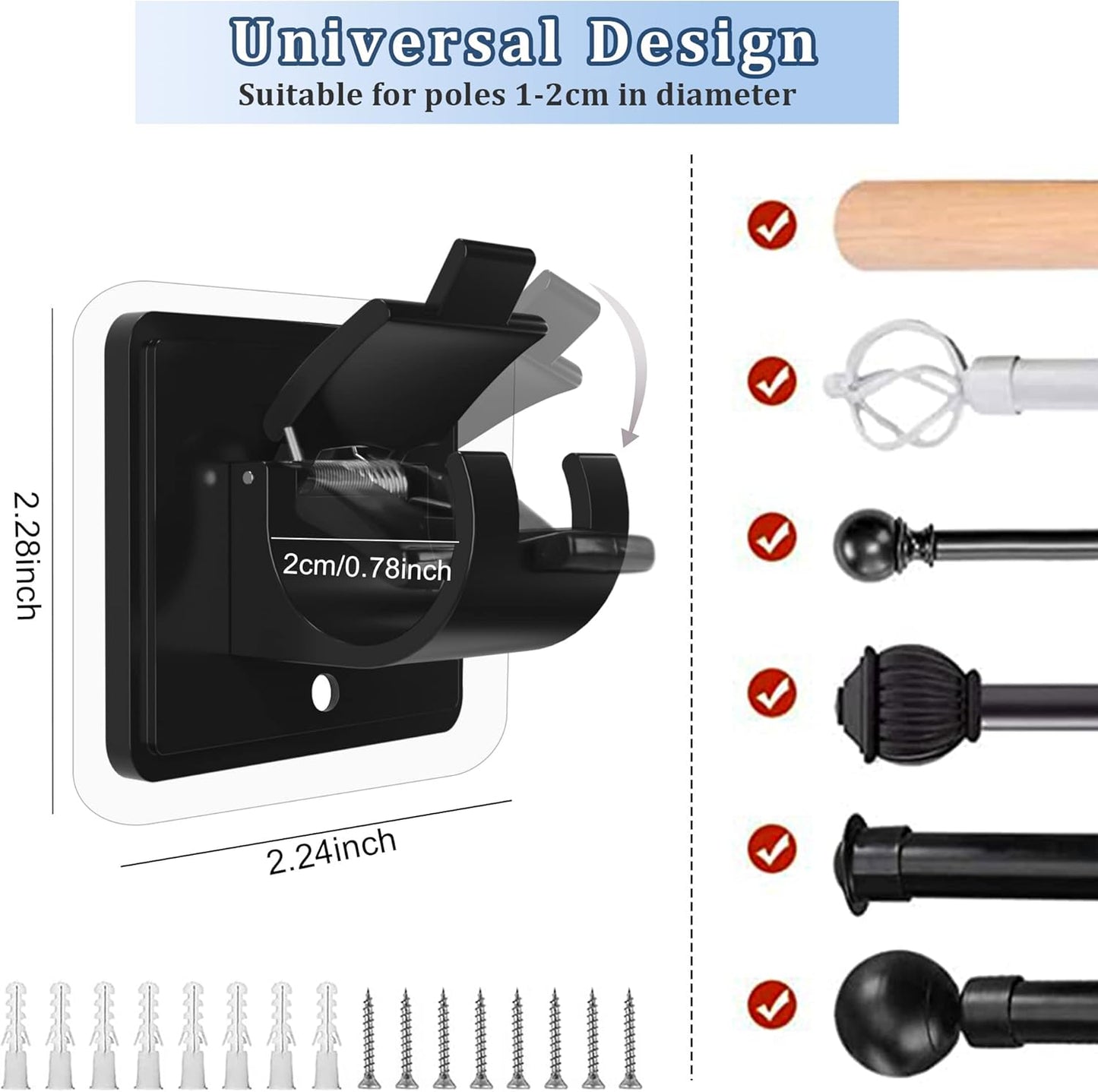 10PCS Self Adhesive Curtain Rod Holders No Drill Curtain Rods Brackets No Drilling Nail Free Adjustable Curtain Rod Hooks Curtain Hangers for Bathroom Kitchen Home Bathroom Hotel(Black)