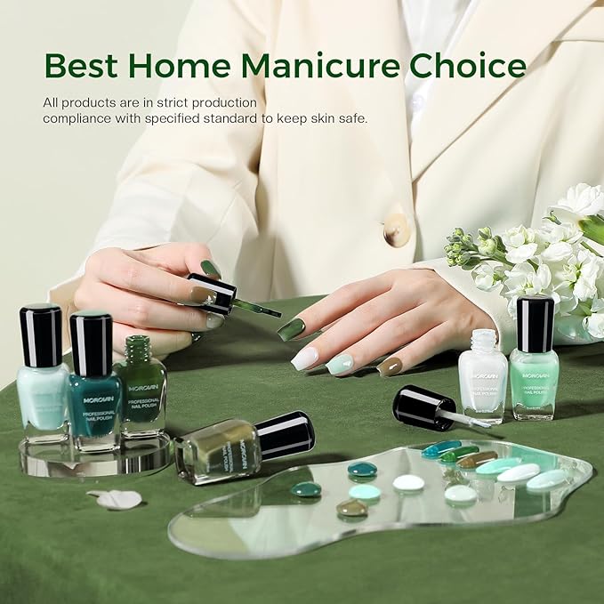 Jelly Green Nail Polish Set: Sheer Glass Fingernail Polish Kit Quick Air Dry 6 Colors Nail Polish Pack Milky White Regular Mini Finger Toe DIY Art Salon Gift for Women