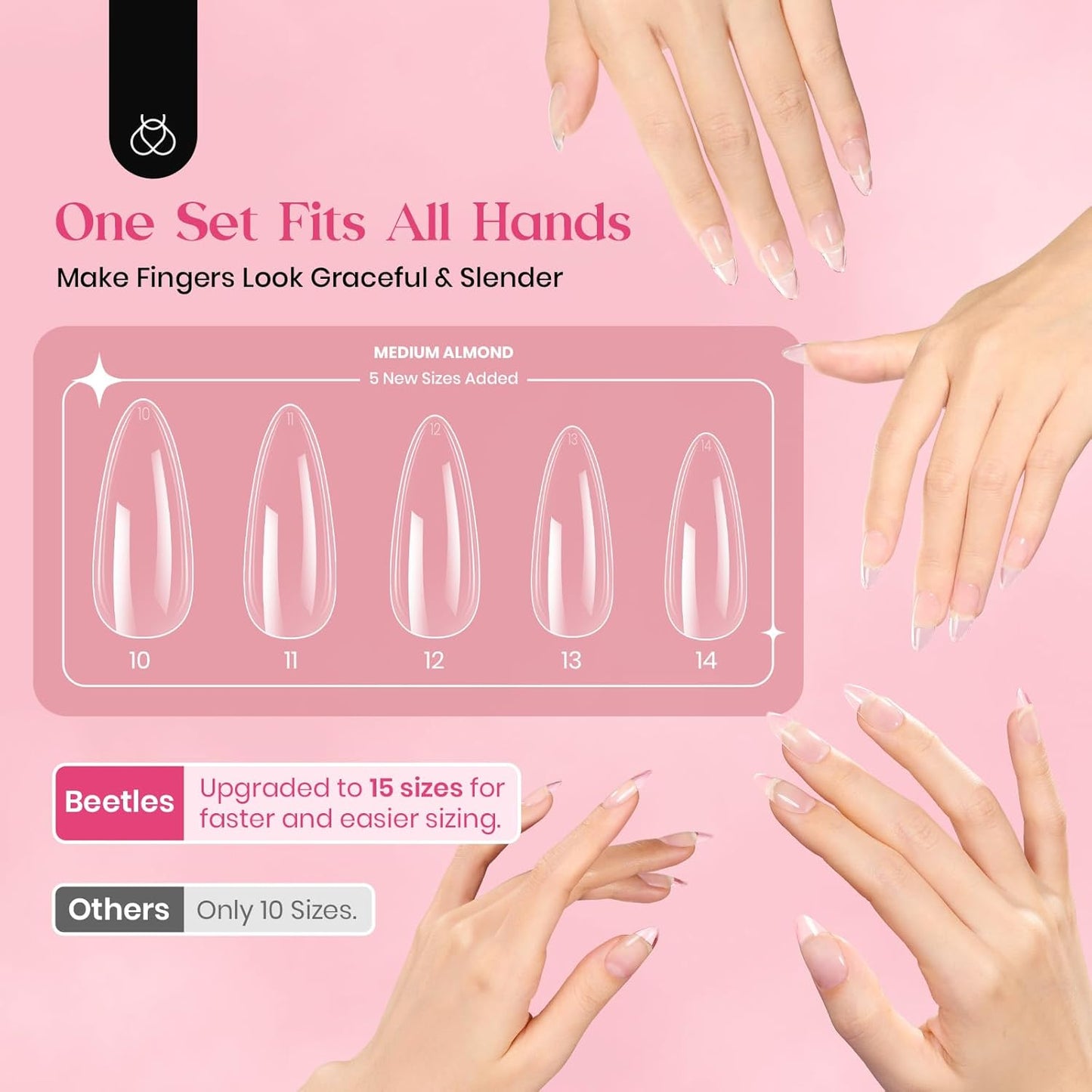 Beetles Gel Nail Tips Medium Almond: 15 Sizes 630Pcs Easy Nail Extension, Full Cover Clear Soft Nail TipsAcrylic Press On False Nails for Gel Nail Polish Gifts for Women
